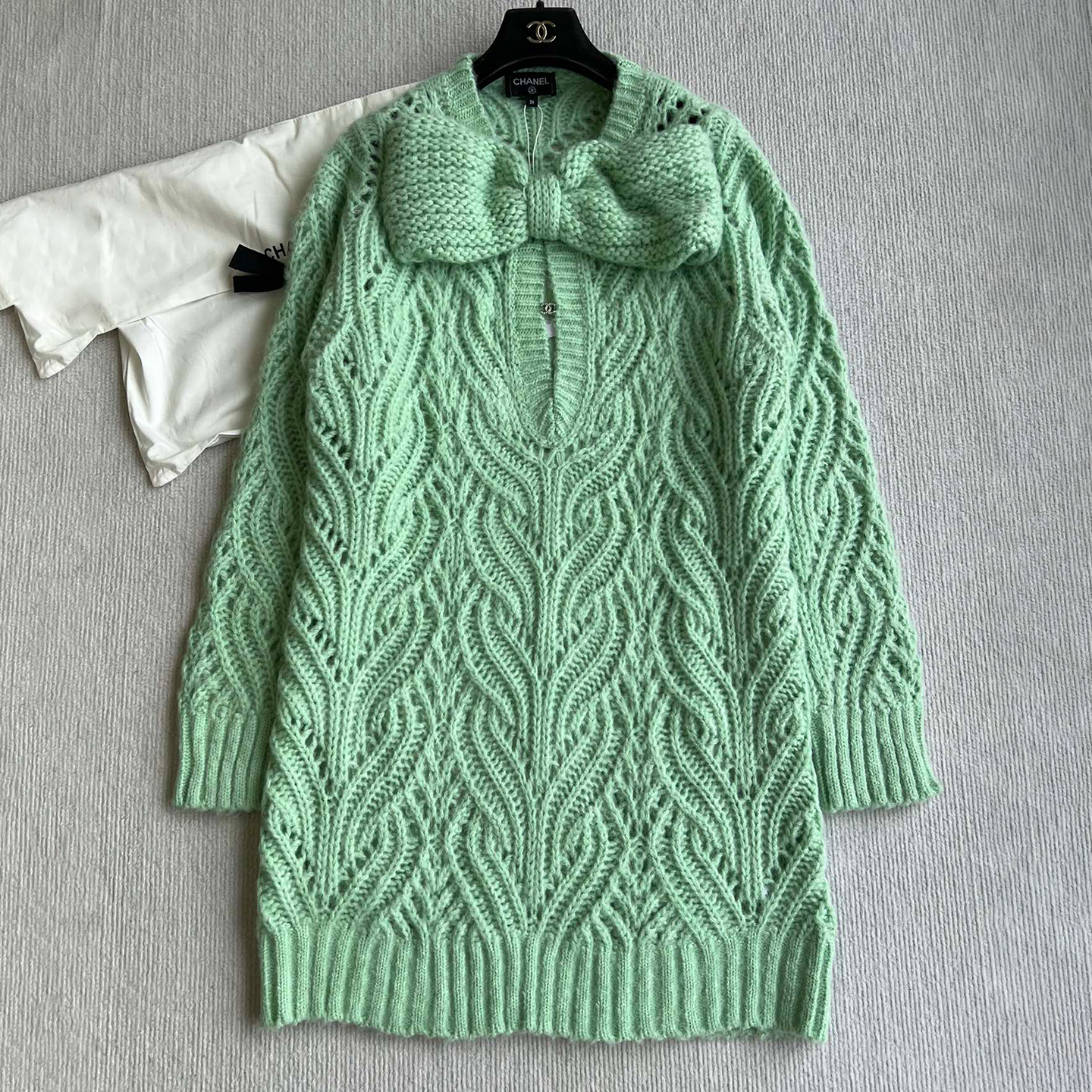 NIGO Chanel Women's Spring/Fall High-Street Bow-Neck Knit Long-Sleeve Solid-Color Mohair Wool Short Dress Dresses Ngvp #nigo2597