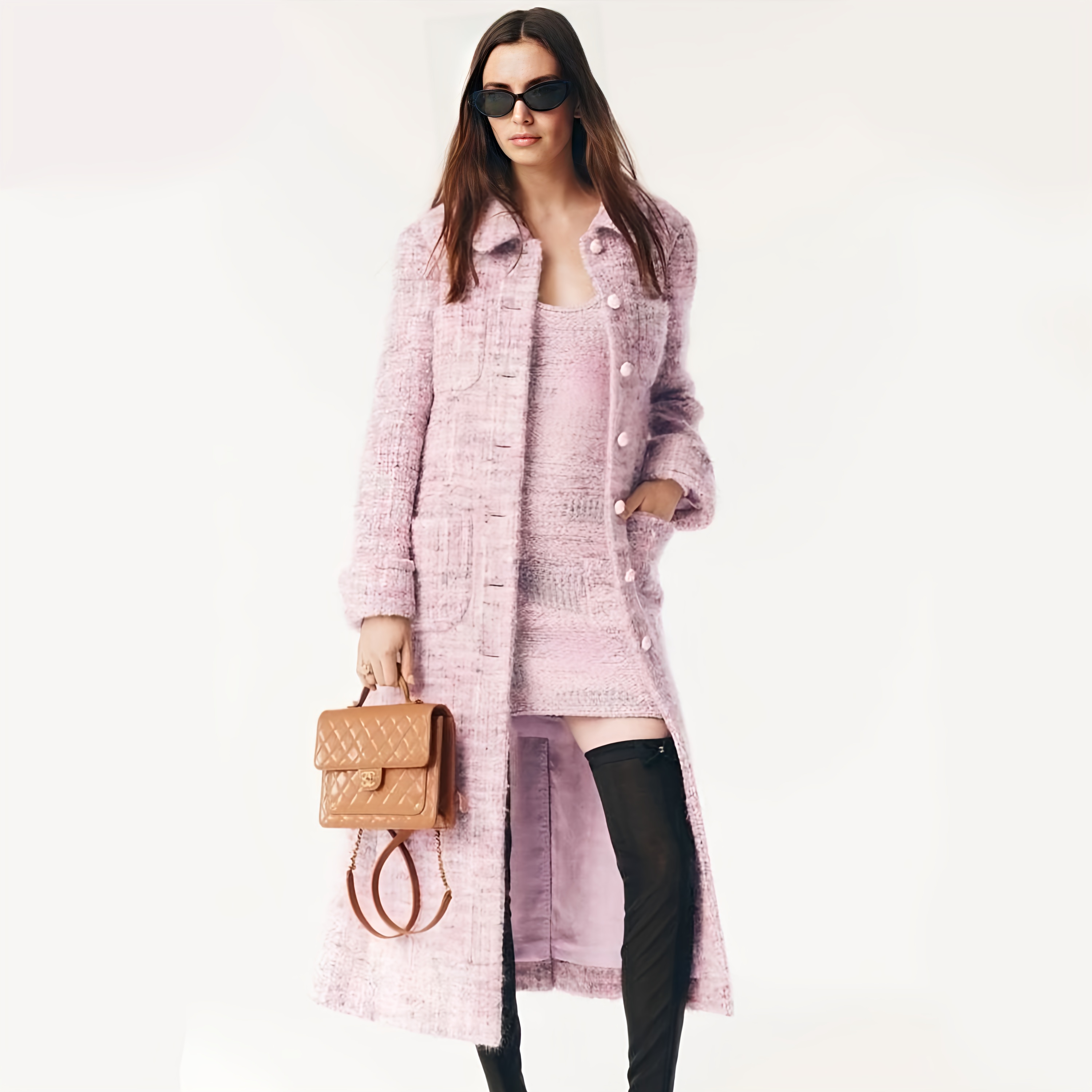 NIGO Chanel Women's Autumn And Winter Long Pink Tweed Coat Temperament Fashion Elegant Exquisite Mohair Wool Blend Double C Logo Jacket Ngvp #nigo2637