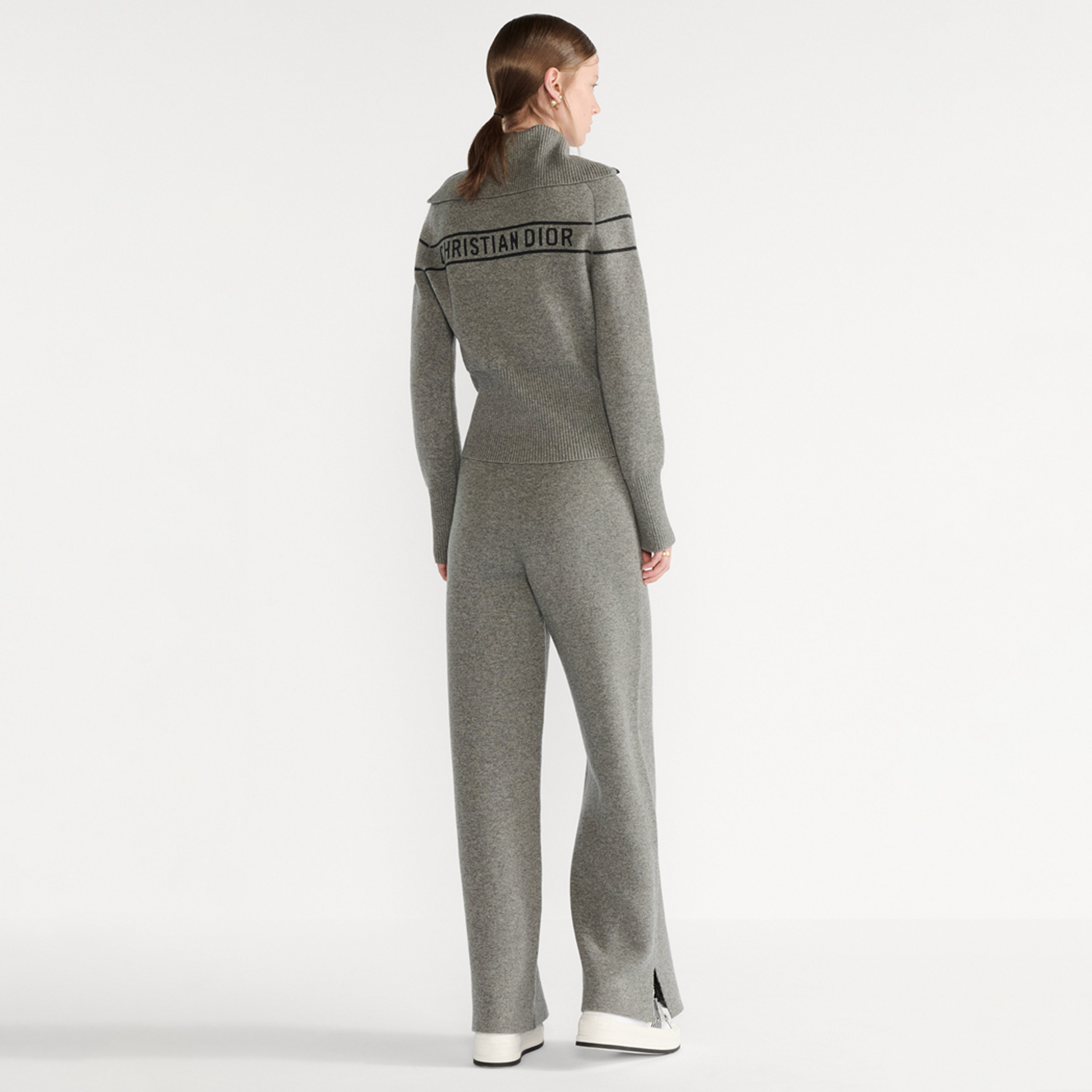 NIGO Dior Women's Fall/Winter Fashion Casual Reversible Cardigan with Zipper Oblique Print Wool Knit Cardigan With Elastic Waistband Solid Color Oblique Print Bell Bottom Pants Wide Leg Pants Suit Set #nigo79342