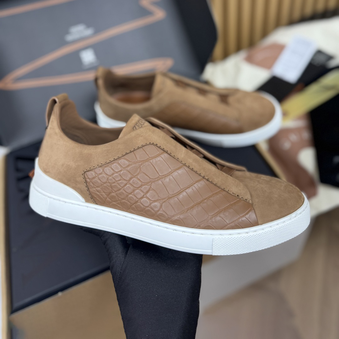 NIGO Ermenegildo Zegna Men's Fashion Classic Round Toe Slip On Flat Low Top Crocodile Leather Suede Patchwork Luxury Business Casual Shoes #nigo79375