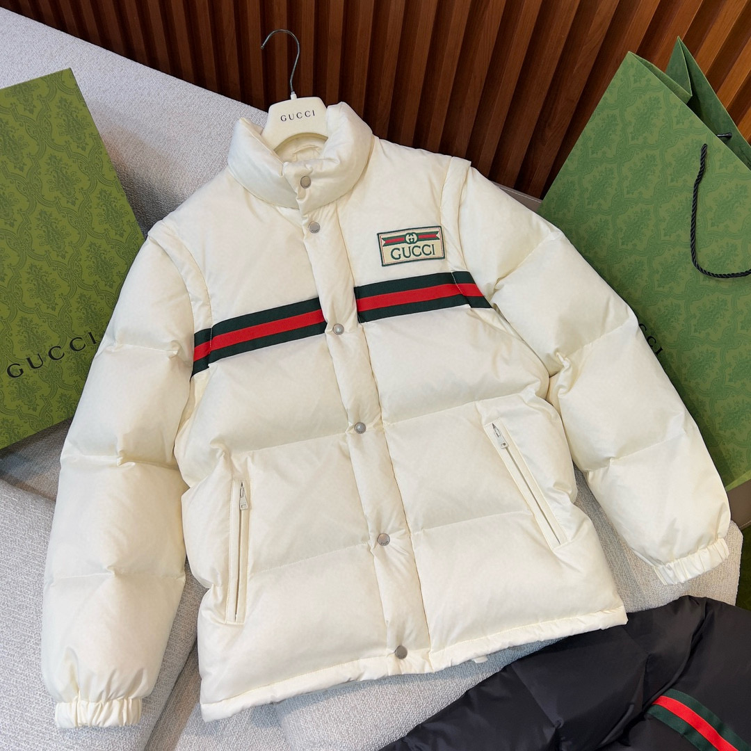 NIGO Gucci Men's And Women's Winter Fashion Casual High Neck Single Button Red Green Striped Webbing Contrast Collar Detachable Sleeves Down Jacket #nigo79374
