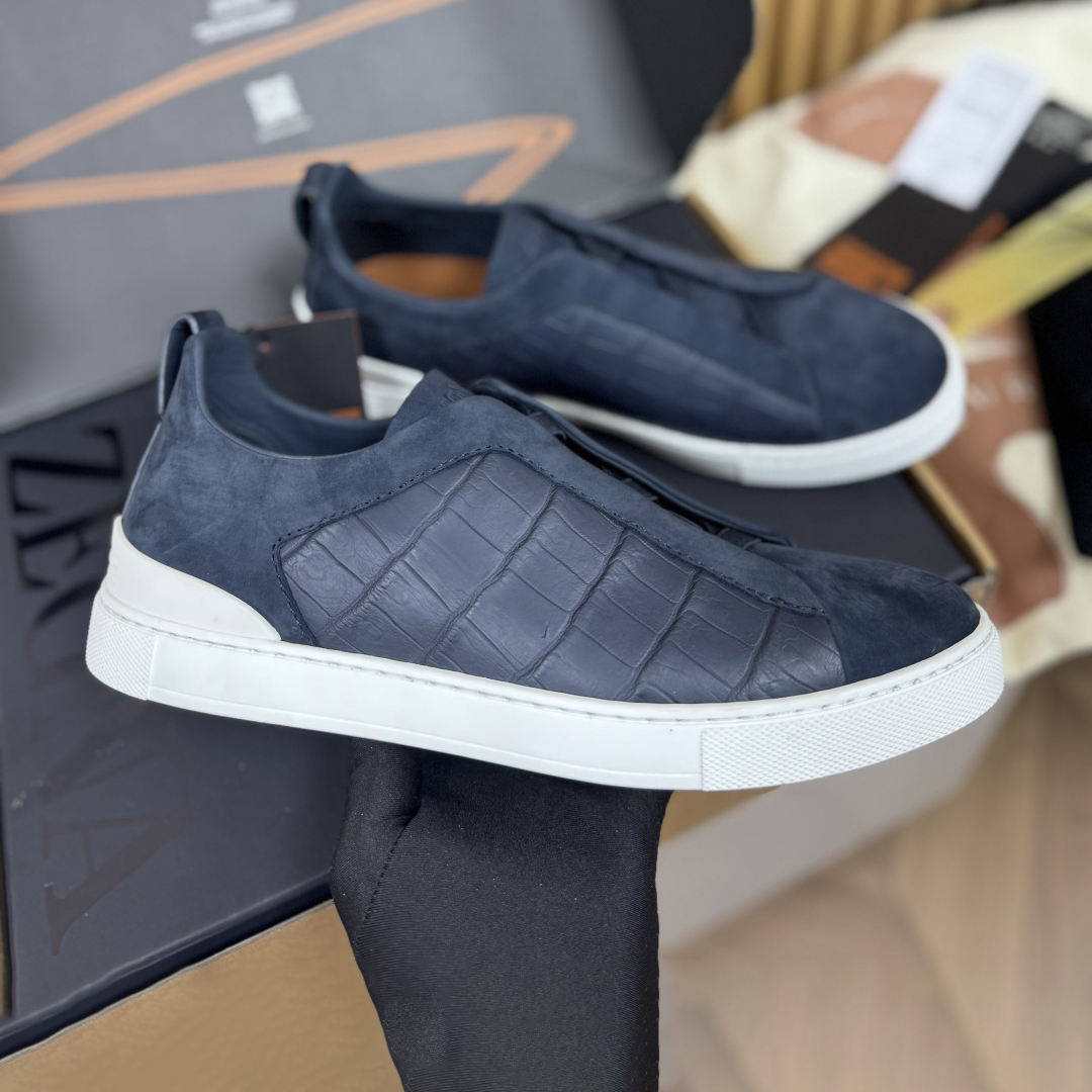 NIGO Ermenegildo Zegna Men's Fashion Classic Round Toe Slip On Flat Low Top Crocodile Leather Suede Patchwork Luxury Business Casual Shoes #nigo79375