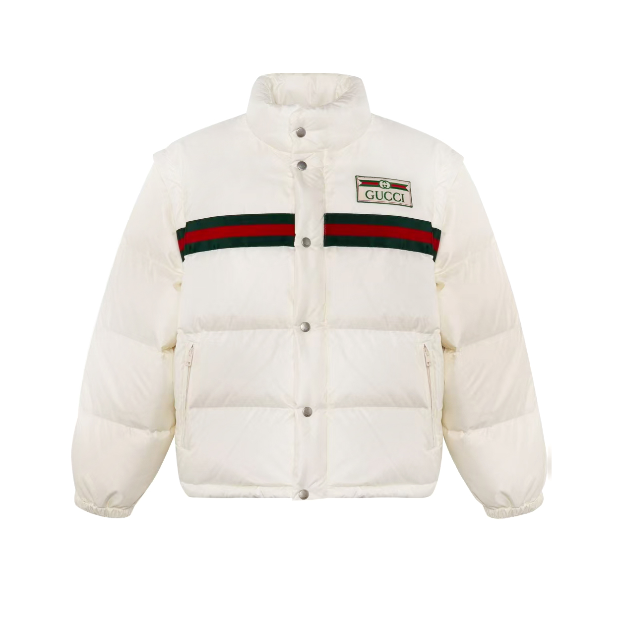 NIGO Gucci Men's And Women's Winter Fashion Casual High Neck Single Button Red Green Striped Webbing Contrast Collar Detachable Sleeves Down Jacket #nigo79374