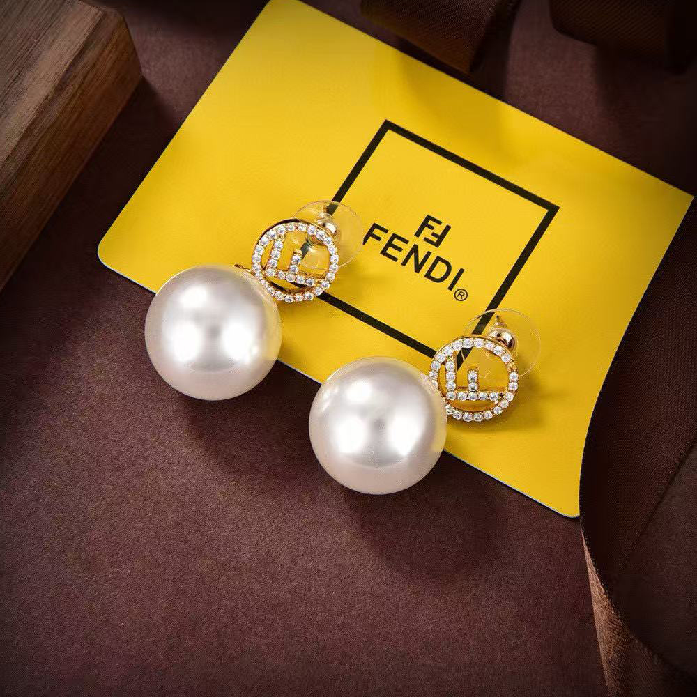 NIGO Fendi Women's Fashion Classic Minimalist F-Letter Decorative Diamond Studded Pearl Stud Earrings Jewelry Accessories #nigo79379