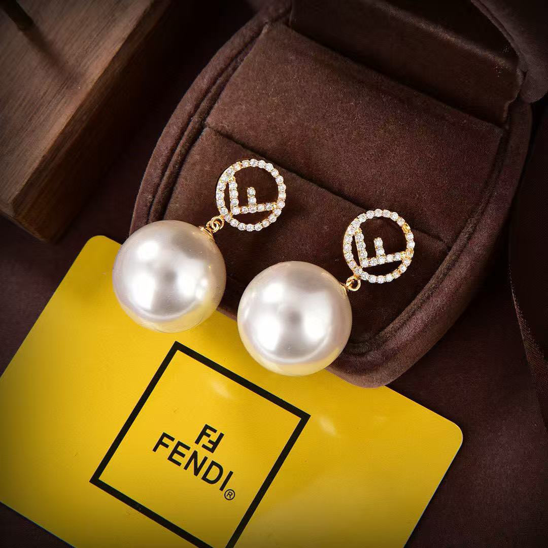 NIGO Fendi Women's Fashion Classic Minimalist F-Letter Decorative Diamond Studded Pearl Stud Earrings Jewelry Accessories #nigo79379