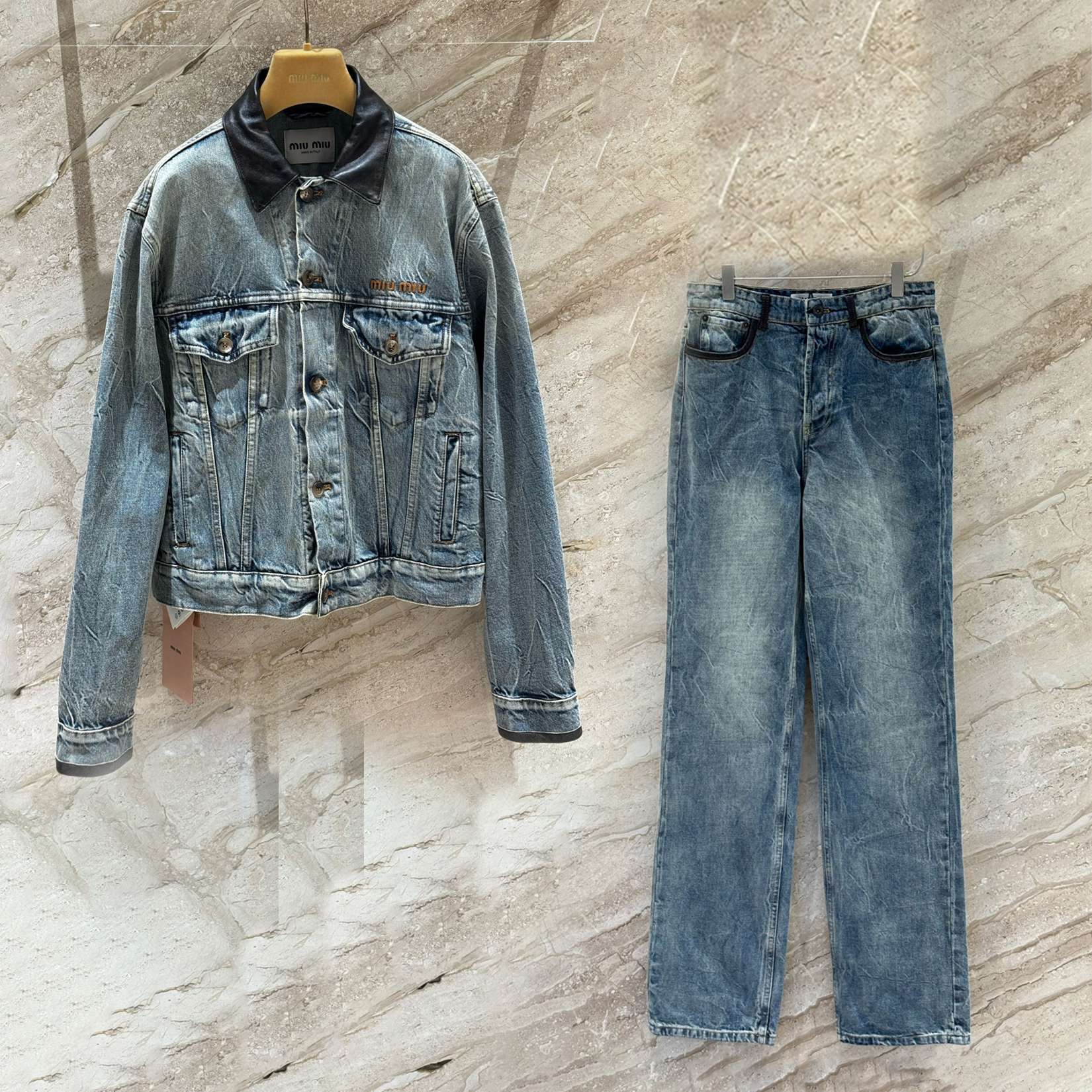 NIGO MiuMiu Women's Spring/Fall Fashion Casual Lapel Single Breasted Patchwork Leather Denim Jacket Stylish Relaxed Fit Denim Pants Suit Set #nigo79385