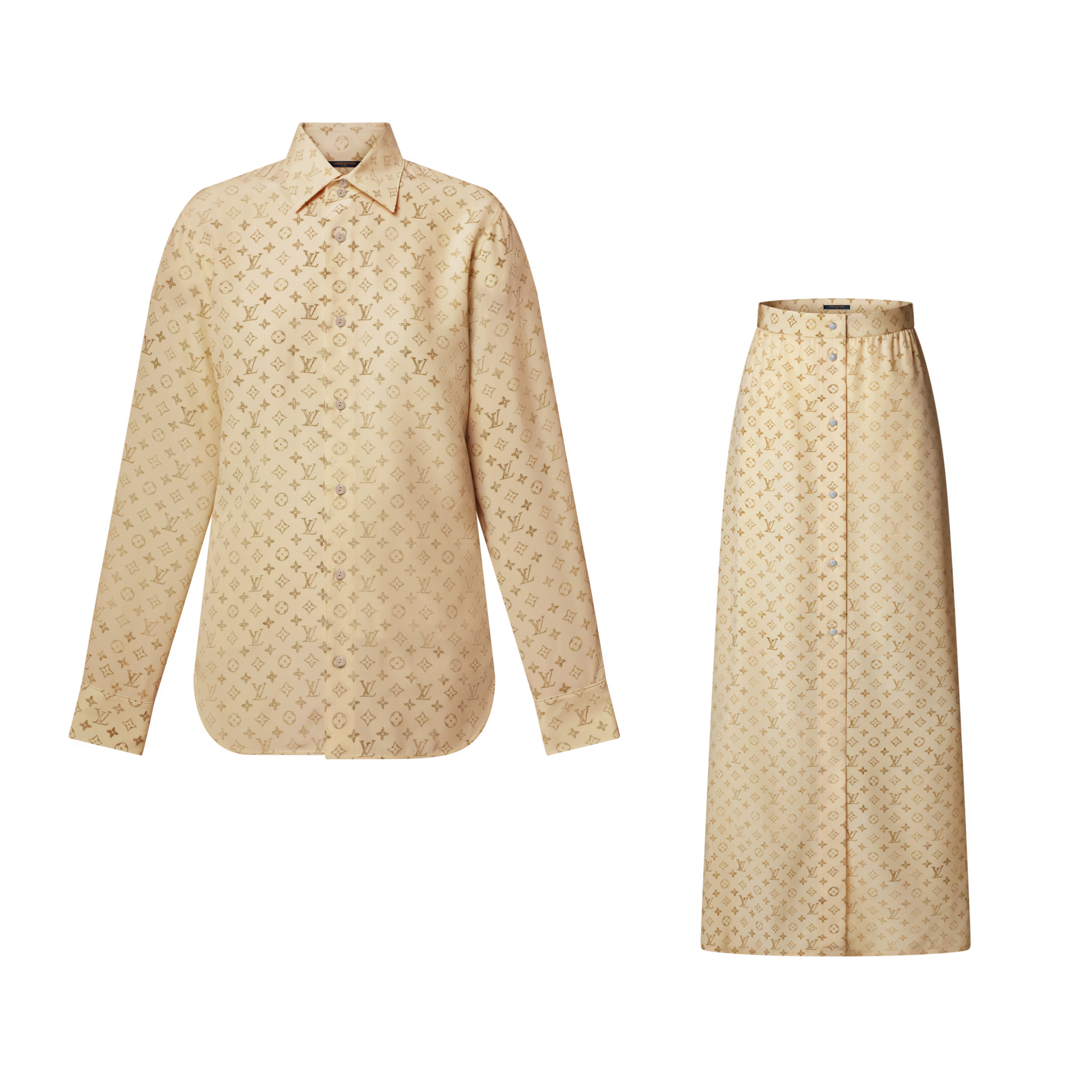 NIGO Louis Vuitton MONOGRAM Women's Spring/Fall Fashion Casual Collared Single Breasted Classic Printed Silk Long Sleeve Shirt Elastic Waist Single Breasted Silk All Over Print Long Skirt Skirt Suit Set #nigo79412