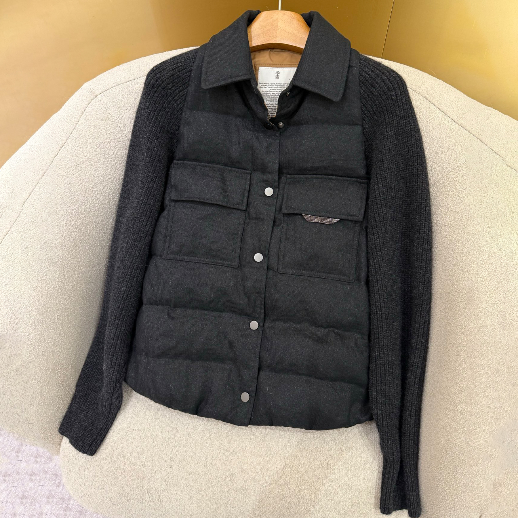 NIGO Brunello Cucinelli Women's Autumn And Winter Linen Goose Down Jacket 100% Wool Knit Sleeve Sequins Accessories Single Breasted Jacket Ngvp #nigo2648