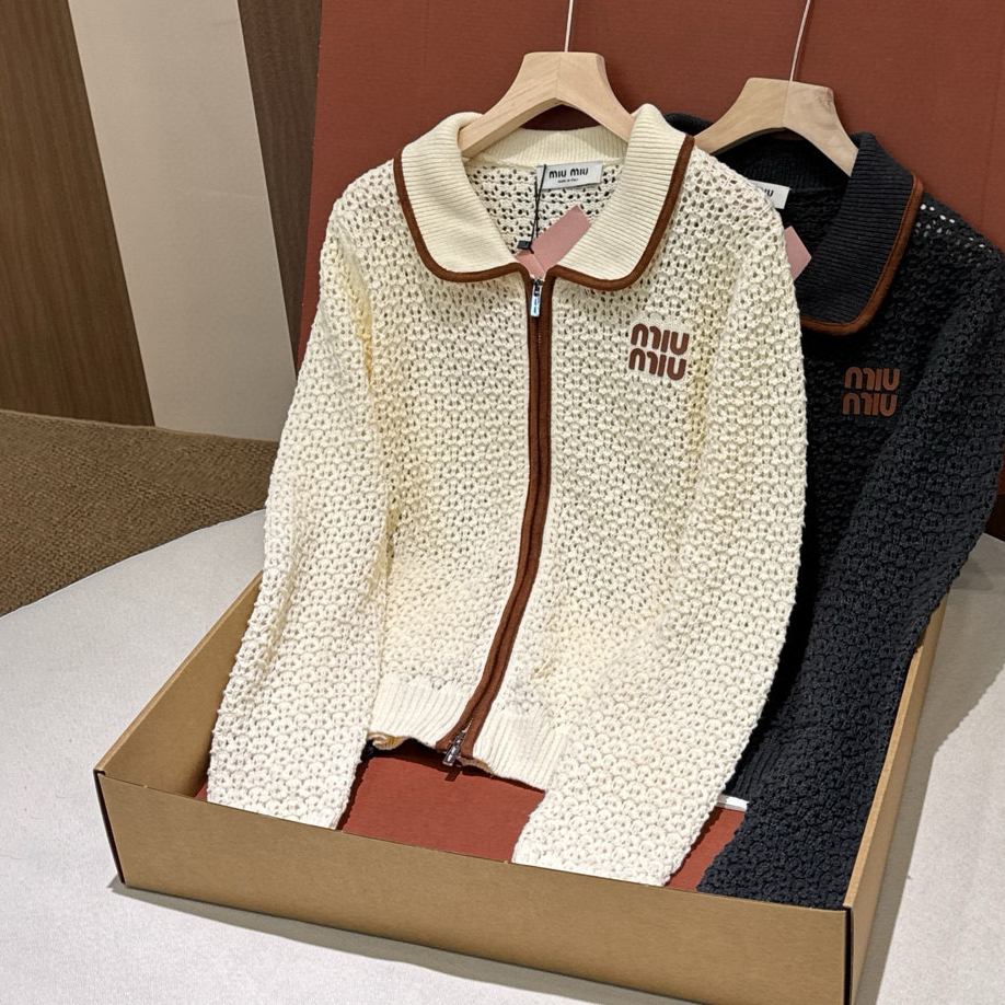 NIGO MiuMiu Women's Fall/Winter Fashionable Casual Collared Zipper Contrast-Trim Cardigan #nigo79462