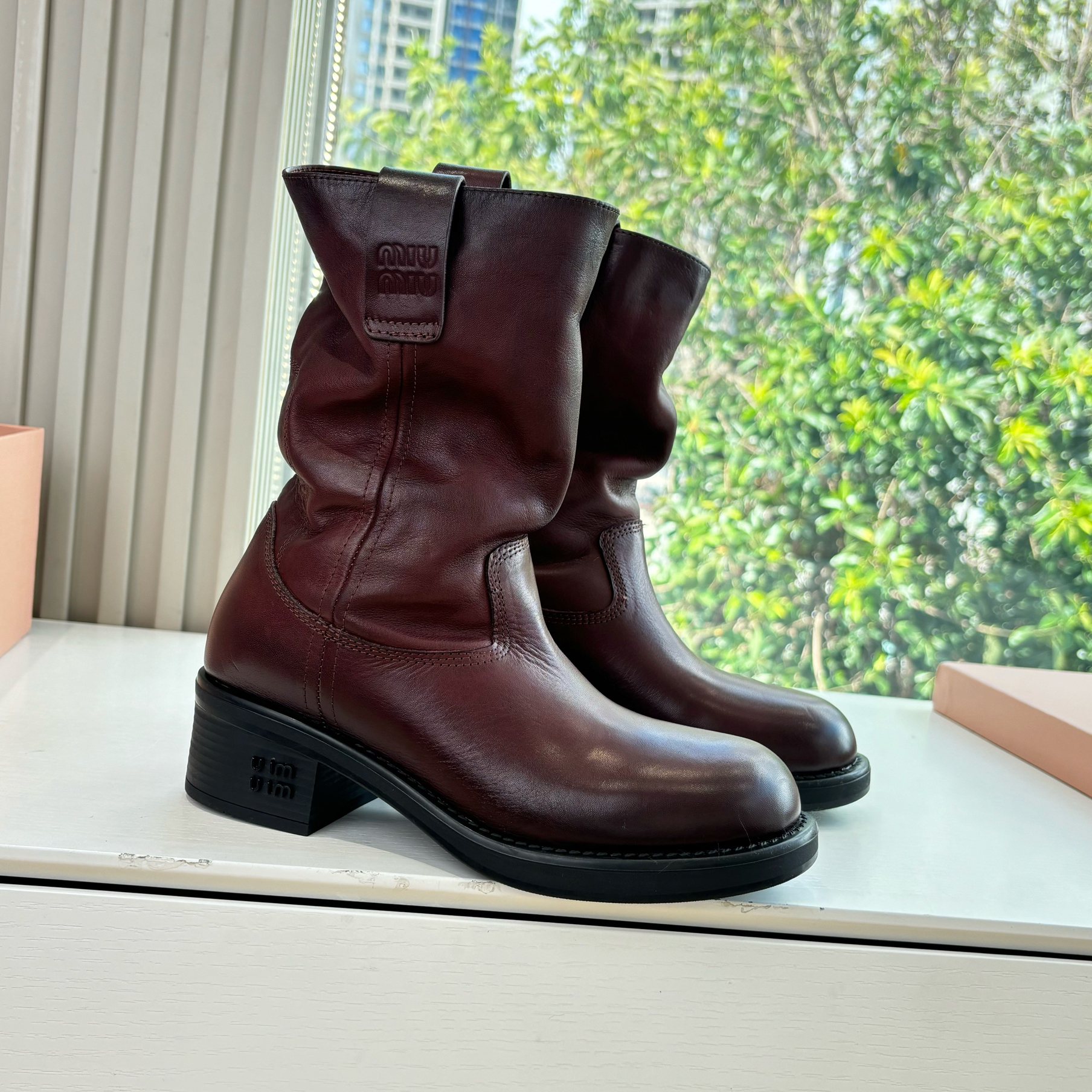 NIGO MiuMiu Women's Fall/Winter Fashion Classic Solid Color Leather Round Toe Slip On Chunky Heel High Top Biker Style Boots Shoes #nigo79484