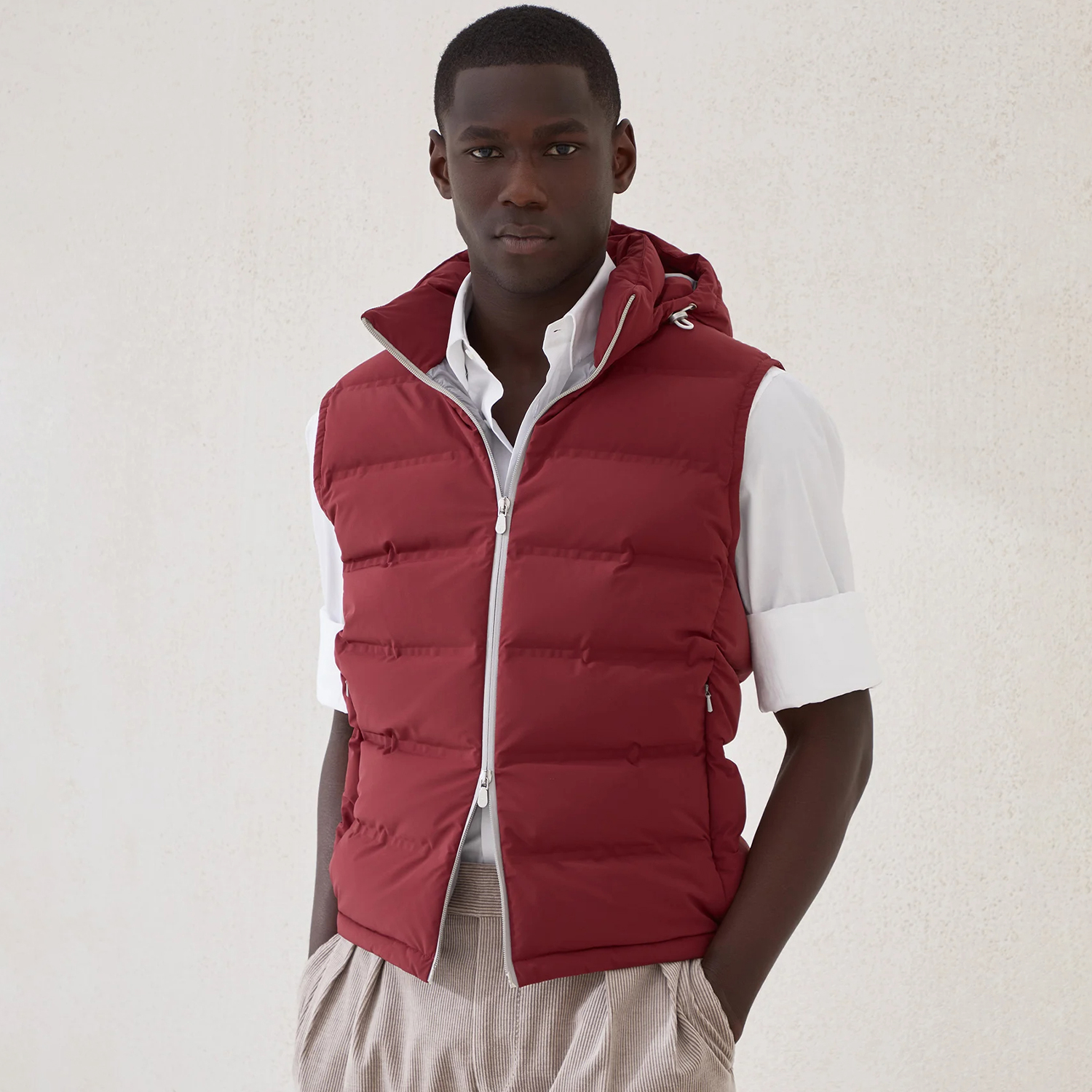 NIGO Brunello Cucinelli ﻿Men's Fall/Winter Stand-Up Collar Double-Zip Bonded Taffeta Down Vest with Heat-Sealed Seams And Detachable Hood Ngvp #nigo2717