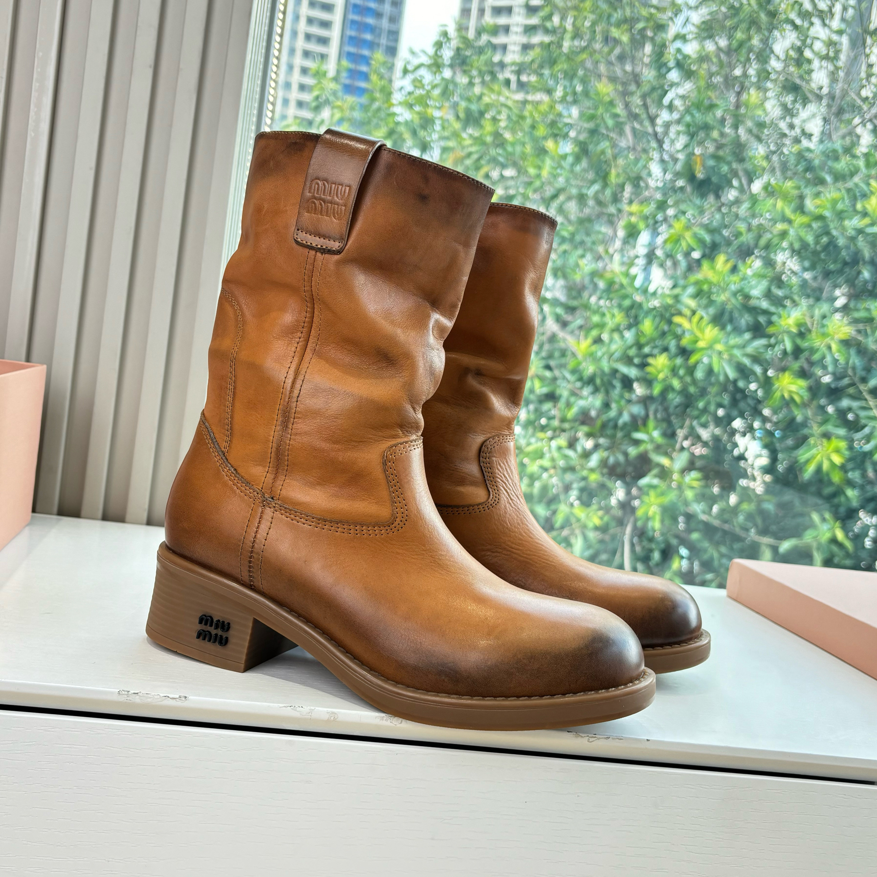 NIGO MiuMiu Women's Fall/Winter Fashion Classic Solid Color Leather Round Toe Slip On Chunky Heel High Top Biker Style Boots Shoes #nigo79484