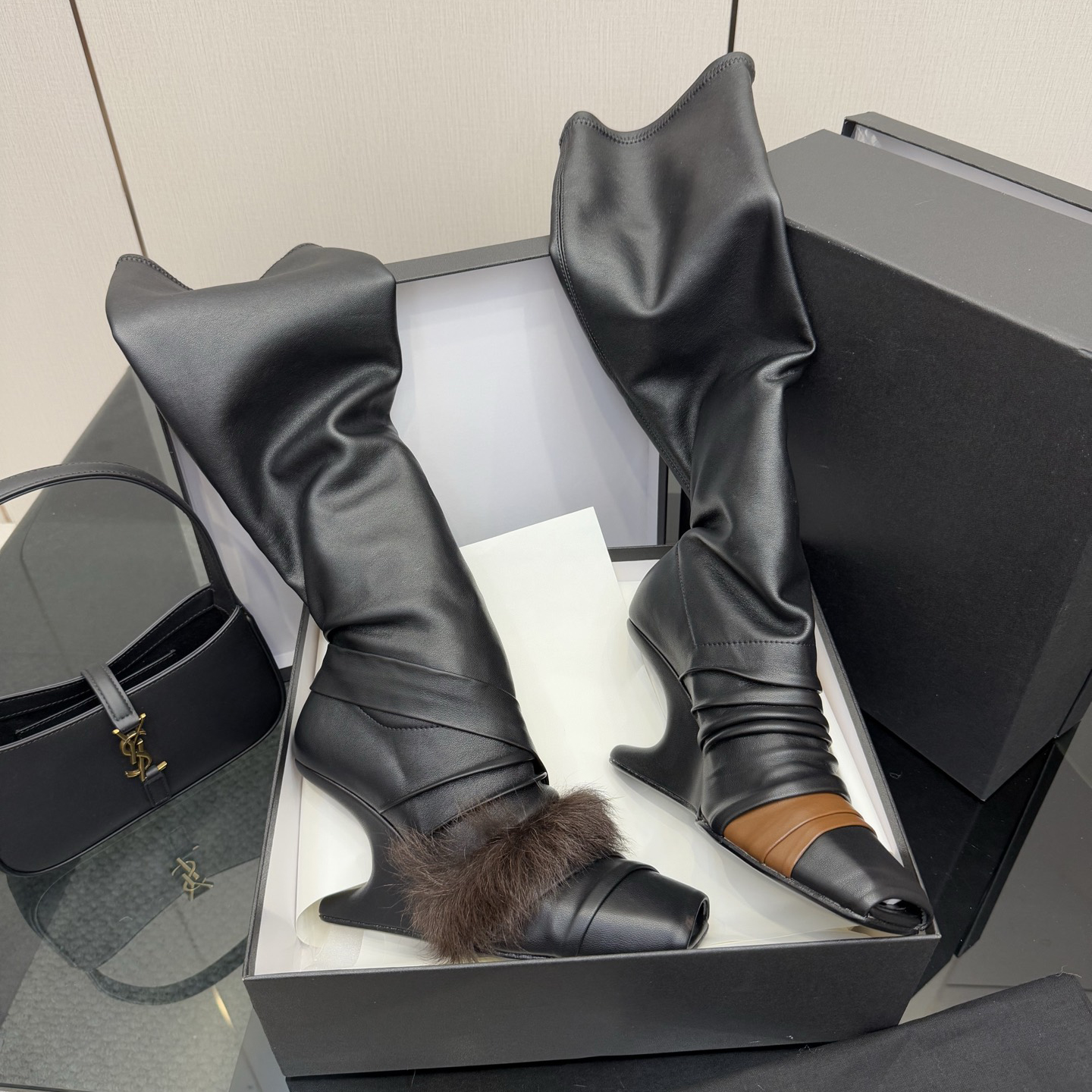 NIGO Rick Owens Women's Fall/Winter Fashion Classic Leather Booties Cowhide and Sheepskin Blend in Brown Lambskin Fishmouth Square Toe Design Fur Trimmed Panels Long Boots Shoes #nigo79497