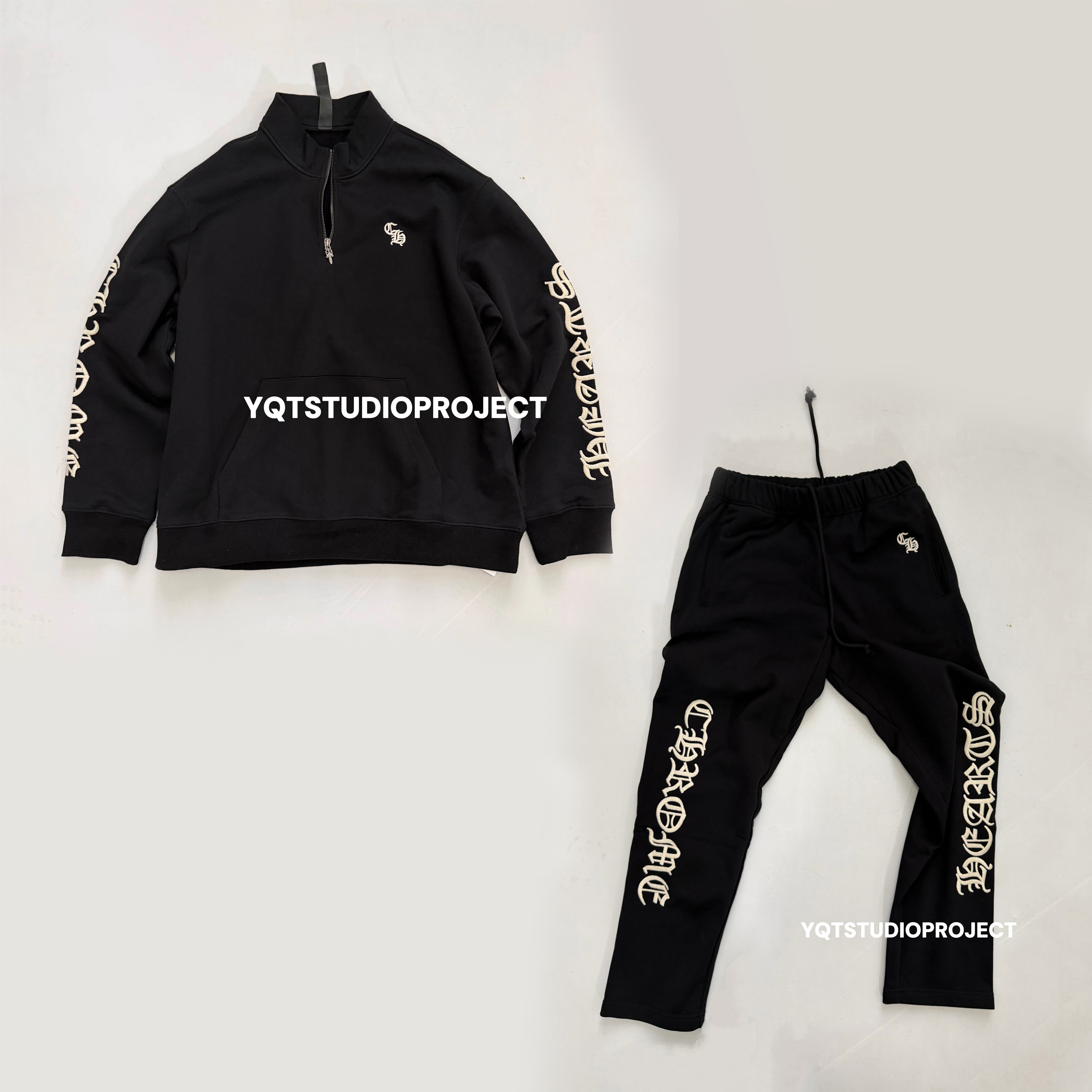 NIGO Chrome Hearts Men's And Women's Spring/Fall Fashion Casual Solid Color Collared Half-Zip Sweatshirt Solid Color Relaxed Wide Leg Pants Suit Set #nigo79526