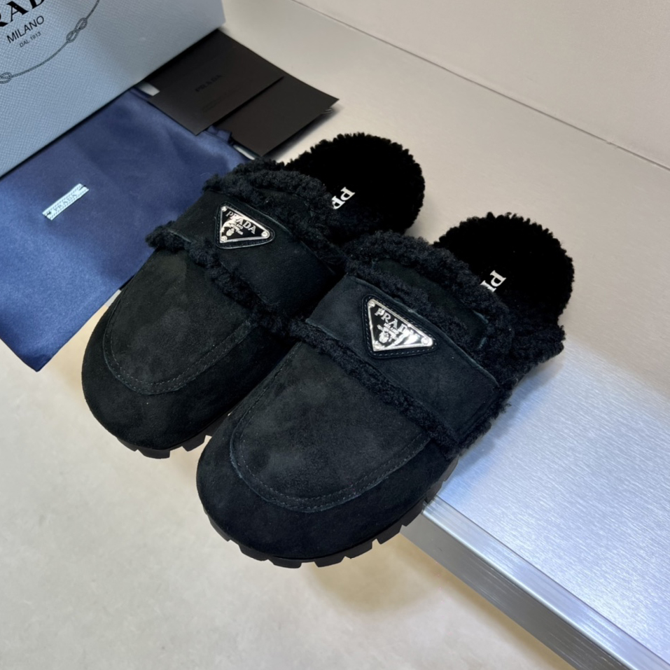 NIGO Prada Women's Fall/Winter Fashion Casual Round Toe Open Back Classic Logo Triangle Label Shearling Slippers Shoes #nigo79521
