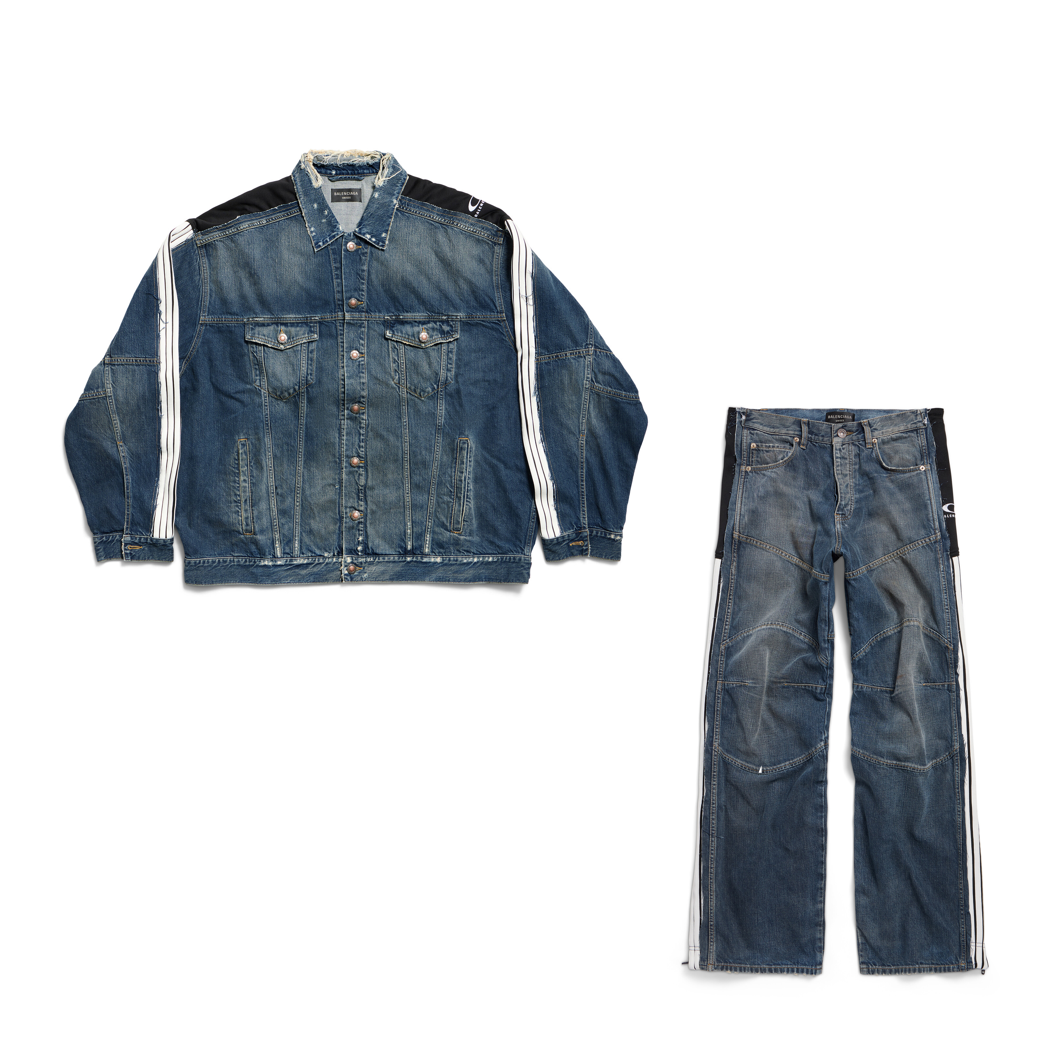 NIGO Balenciaga CUT- UP Men's Spring/fall Fashion Casual Washed Vintage Knit Fabric Lapel Single Breasted Denim Jacket With Zipper Or Button Closure Pair With Relaxed Fit Slouchy Jeans Suit Set #nigo79511