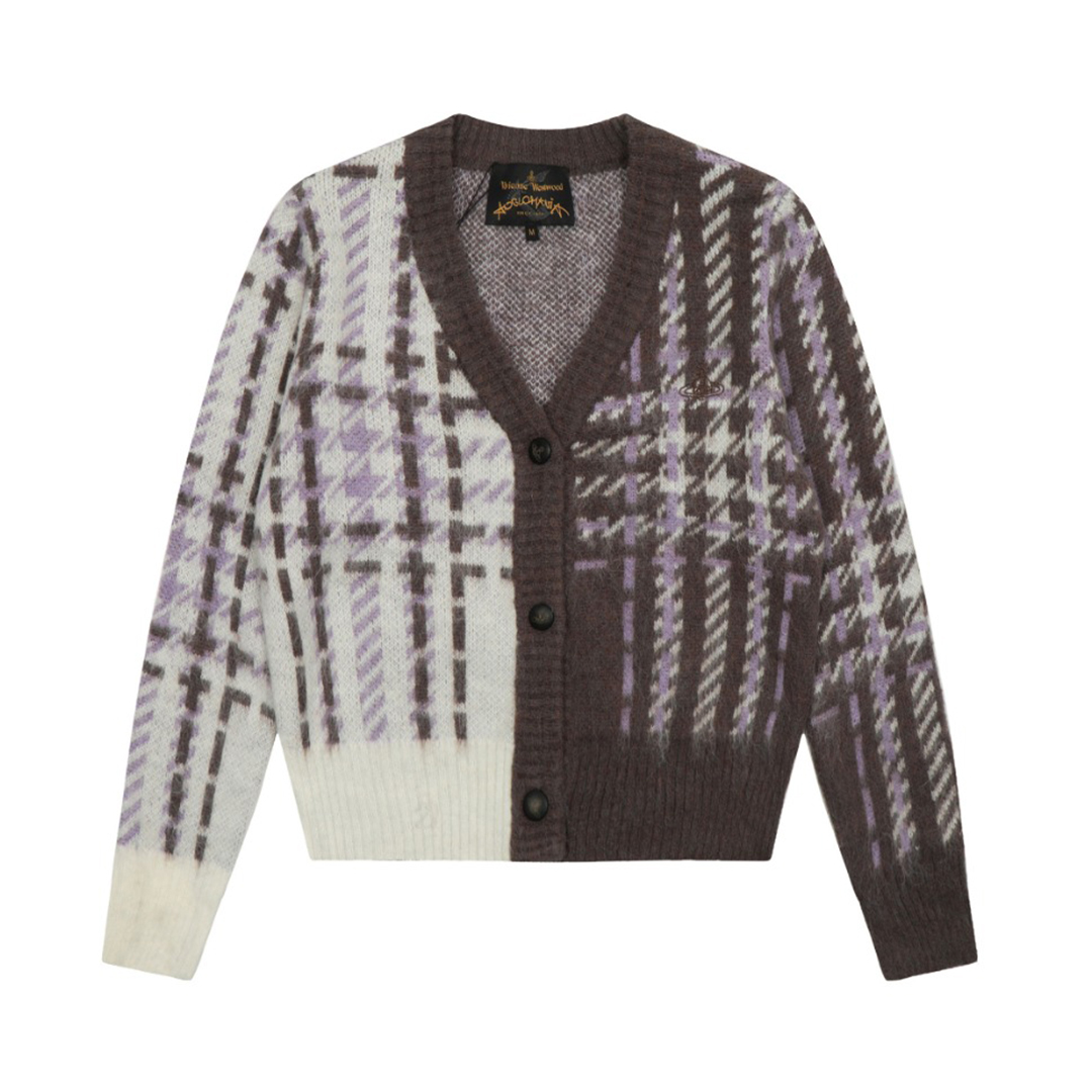 NIGO Vivienne Westwood Women's Spring/Fall Vintage Multi-Color Patchwork Jacquard V-Neck Single-Button Wool-Blend Knit Cardigan #nigo81759