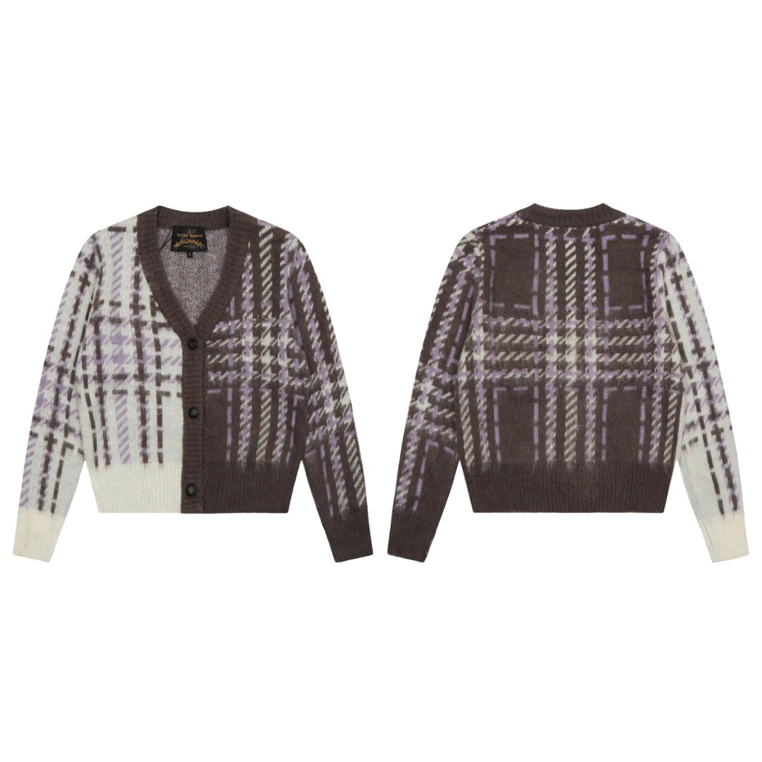 NIGO Vivienne Westwood Women's Spring/Fall Vintage Multi-Color Patchwork Jacquard V-Neck Single-Button Wool-Blend Knit Cardigan #nigo81759