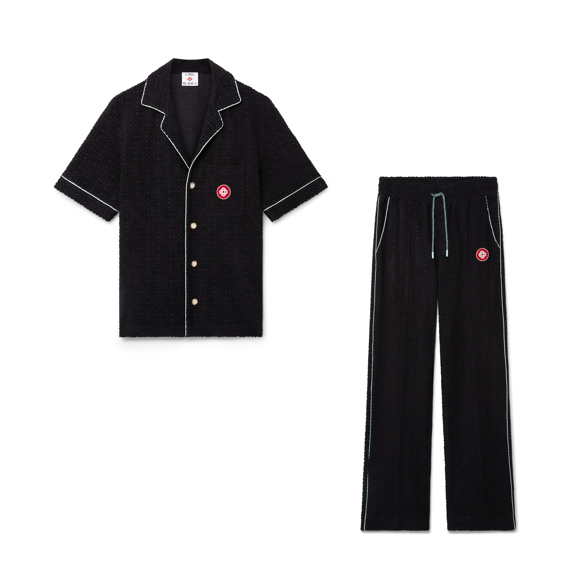 NIGO Casablanca Men's And Women's Spring/summer Fashion Casual Solid Color Towel Jacquard Collared Single Button Short Sleeve Shirt Waist Elastic Drawstring Towel Jacquard Casual Trousers Pants Suit Set #nigo79547