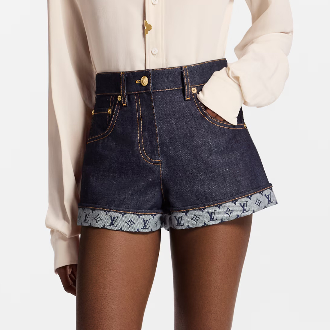 NIGO Louis Vuitton Women's Summer Solid Color Turn-Up Mini Pocket Denim Shorts #nigo77818