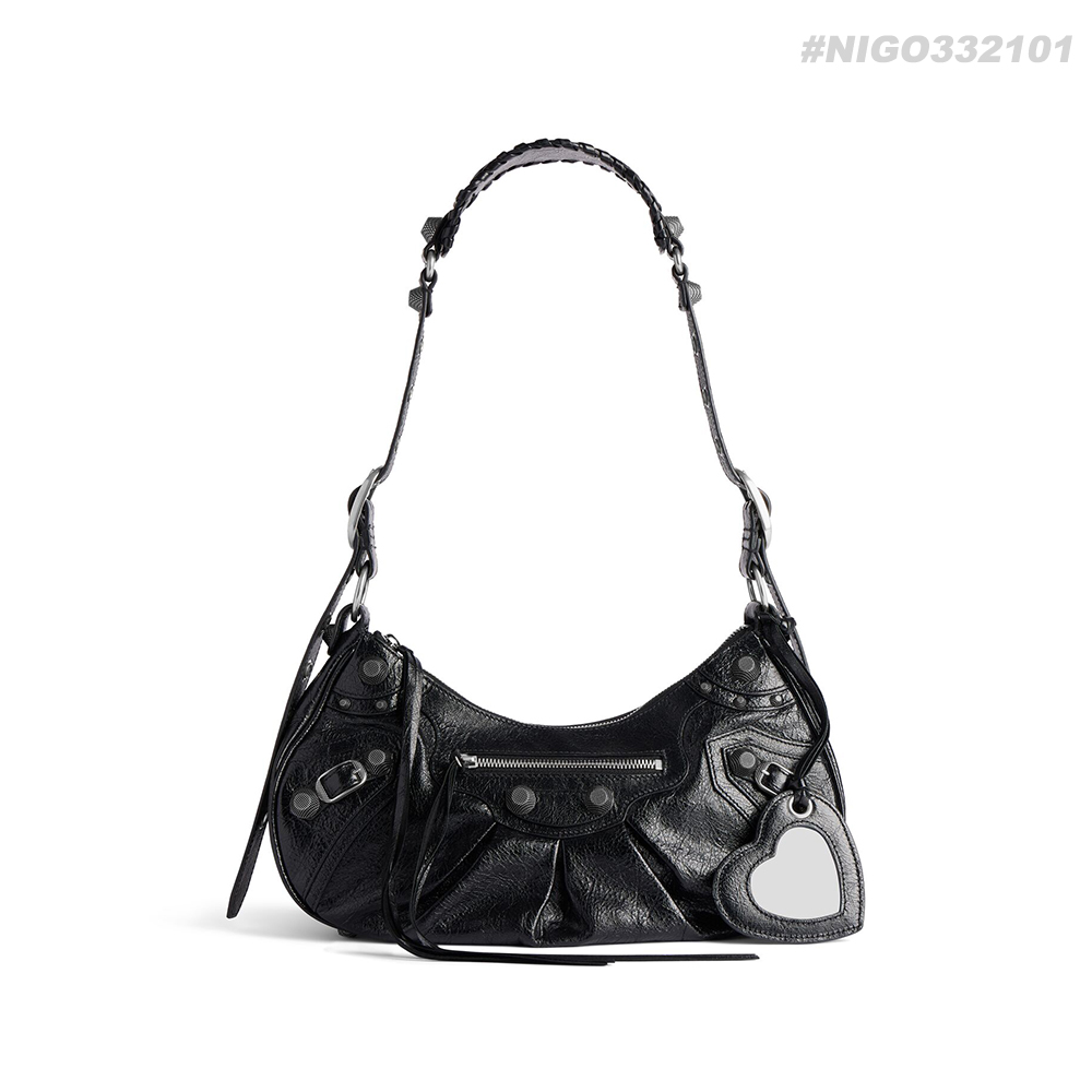 NIGO Balenciaga Le Cagole rivet silver buckle fine grain sheep leather half-moon bag crescent bag dumpling bag motorcycle bag armpit bag crossbody bag shoulder bag women's black #nigo332101