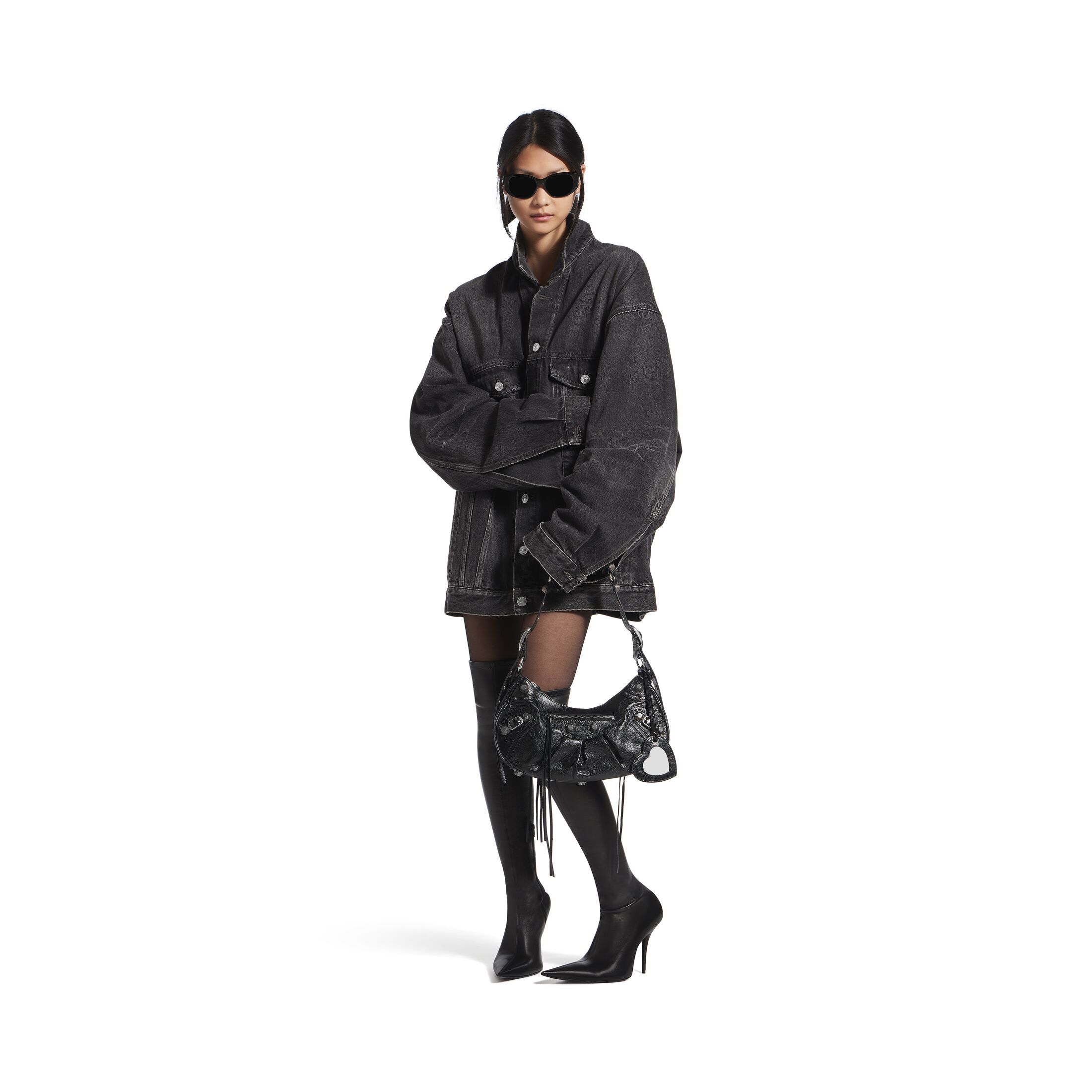 NIGO Balenciaga Le Cagole rivet silver buckle fine grain sheep leather half-moon bag crescent bag dumpling bag motorcycle bag armpit bag crossbody bag shoulder bag women's black #nigo332101