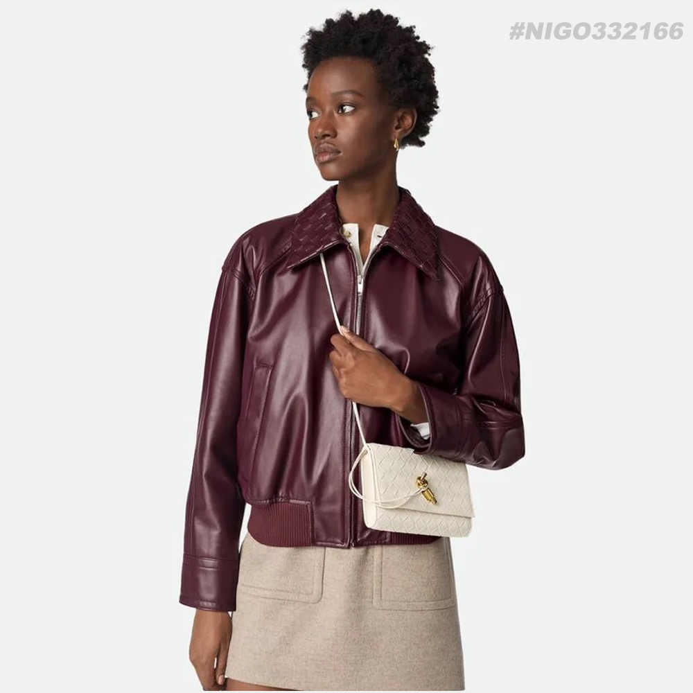 NIGO BOTTEGA VENETA Women's Off-Shoulder Woven Collar Zippered Long-sleeved Leather Jacket #nigo332166