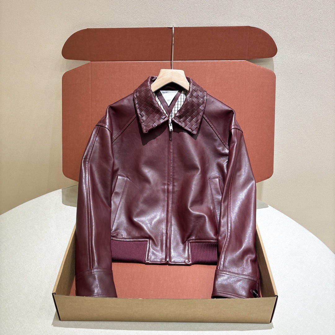 NIGO BOTTEGA VENETA Women's Off-Shoulder Woven Collar Zippered Long-sleeved Leather Jacket #nigo332166