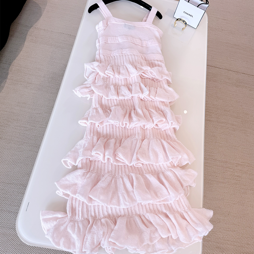 NIGO Chanel 25K Solid Color Pleated Knitted Design Suspender Long Dress Mohair And Silk Light Pink #nigo332234