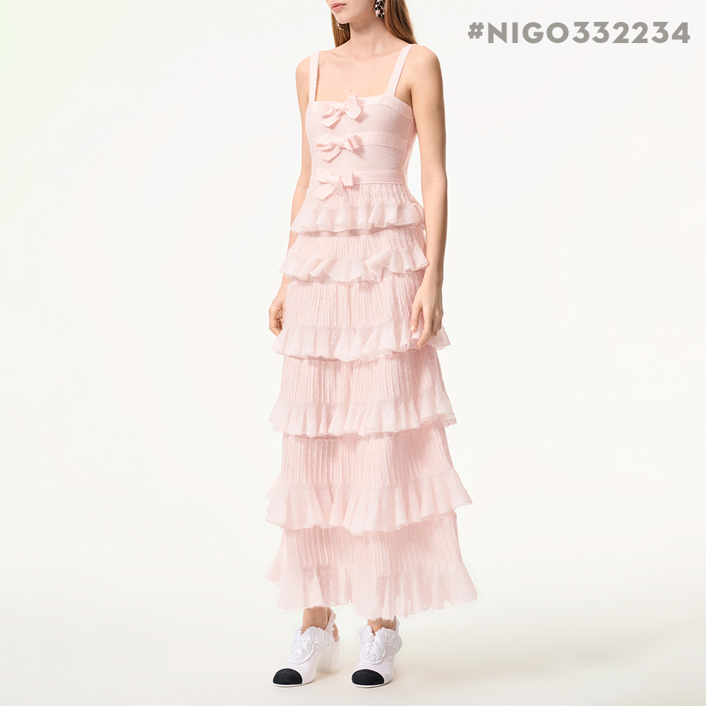 NIGO Chanel 25K Solid Color Pleated Knitted Design Suspender Long Dress Mohair And Silk Light Pink #nigo332234