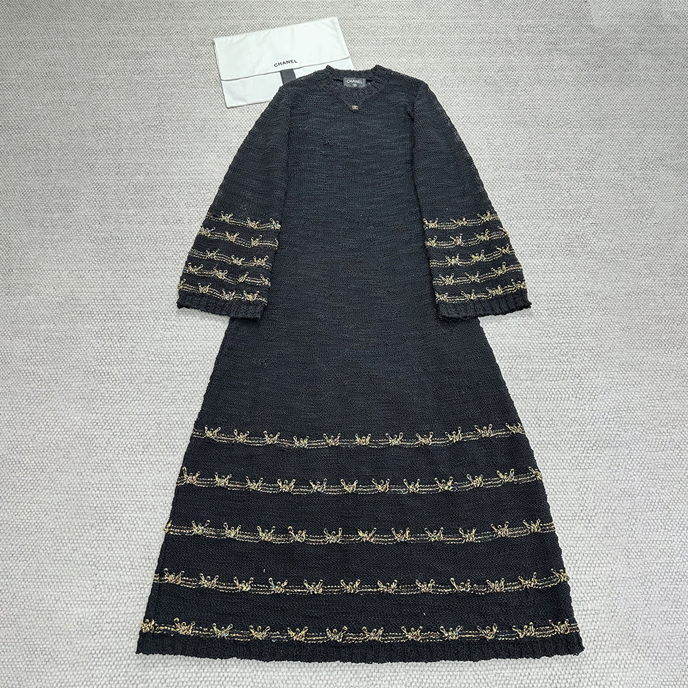 NIGO Chanel 25A Women's Long Dress Embroidered Virgin Wool Black and Gold #nigo332236