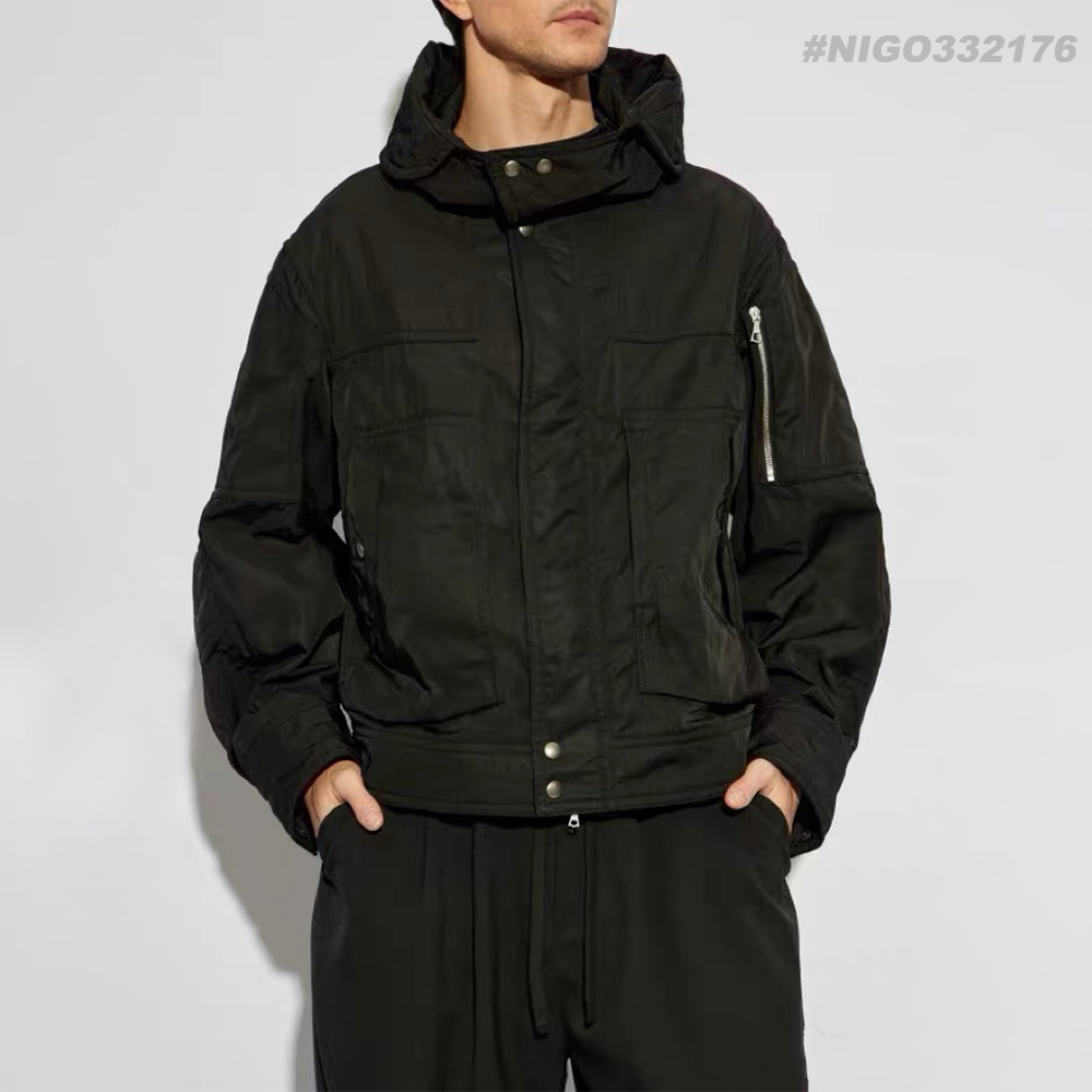NIGO DRIES VAN NOTEEN Men's Fall/Winter Waterproof Coating Anti-static Quilted Cotton Sandwich Hooded Zipper Bomber Long Sleeve Jacket Men's Black #nigo332176