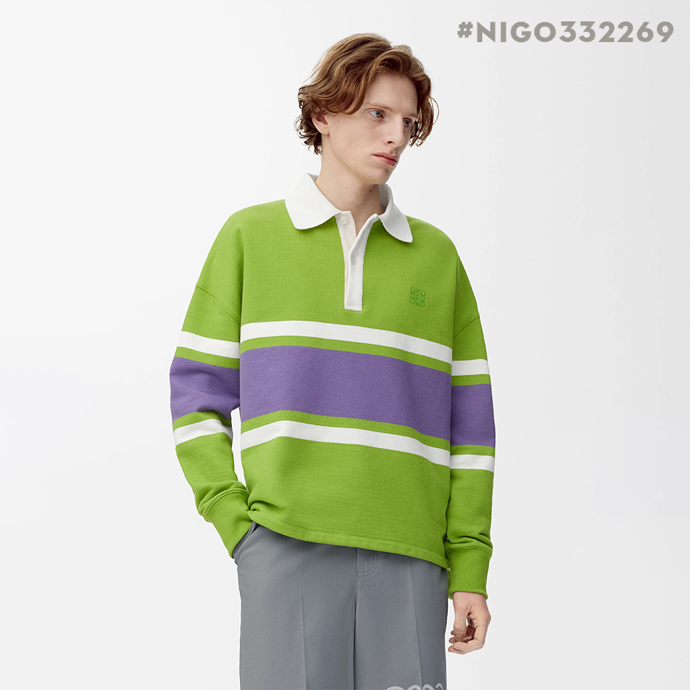NIGO LOEWE FW25 Men's Cotton Horizontal Striped Logo Embroidered Long-Sleeved Polo Shirt #nigo332269