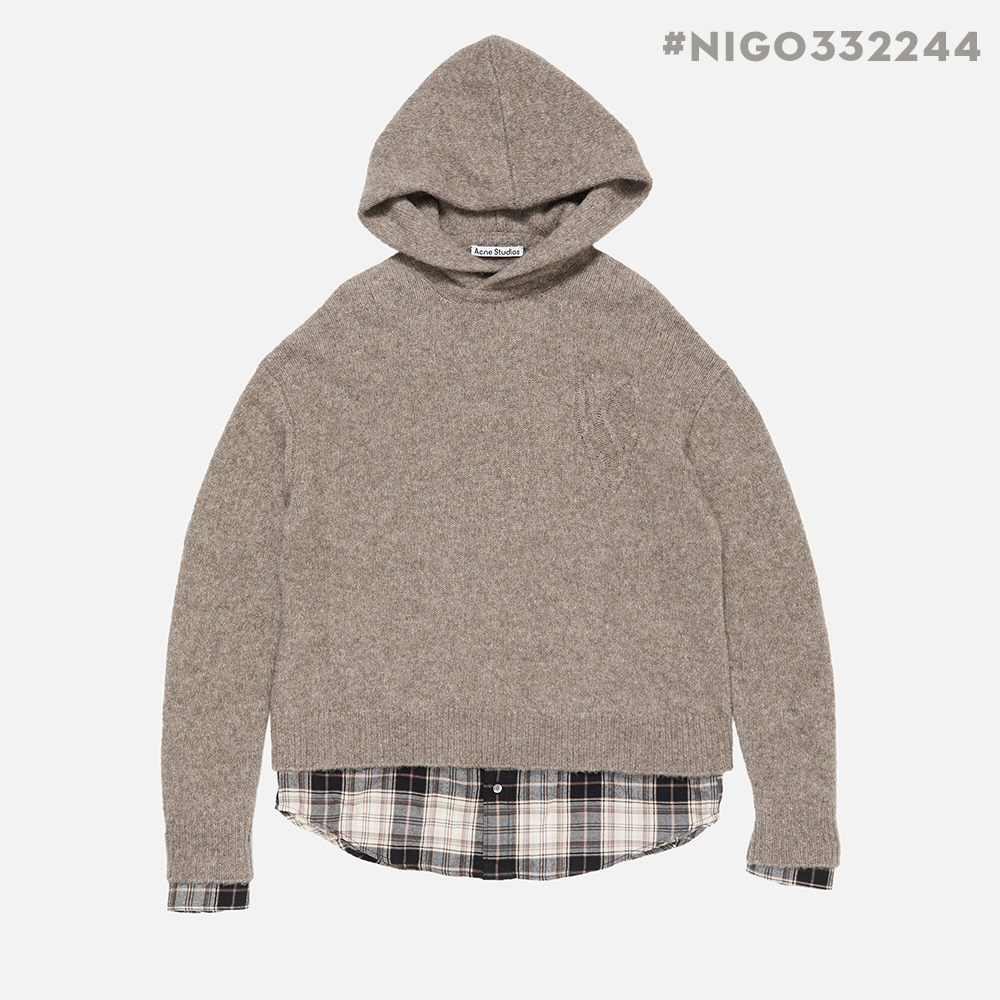 NIGO Acne Studios FW25 Women's Layered Wool Hoodie Beige Plaid Patchwork Sweater #nigo332244