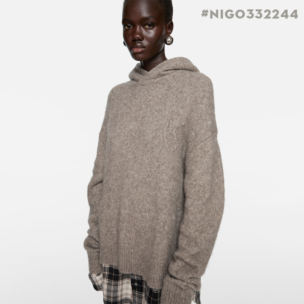 NIGO Acne Studios FW25 Women's Layered Wool Hoodie Beige Plaid Patchwork Sweater #nigo332244