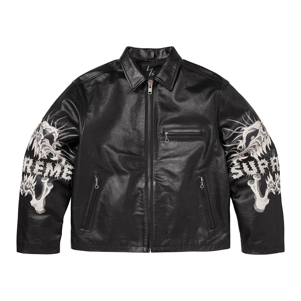 NIGO Supreme x Y's by Yohji Yamamoto Men's and Women's FW25 WEEK3 Leather Fitted Casual Jacket With Printed Sleeves And Zip Closure #nigo332325