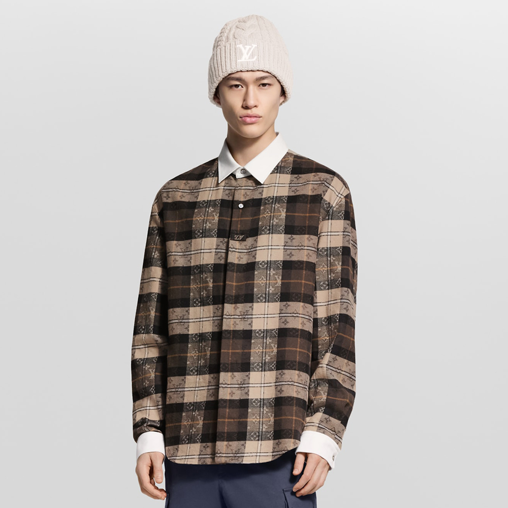 NIGO LOUIS VUITTON Men's Flannel Polo Shirt Monogram Check Jacquard Pearlescent Buttons LV Patch #nigo332283