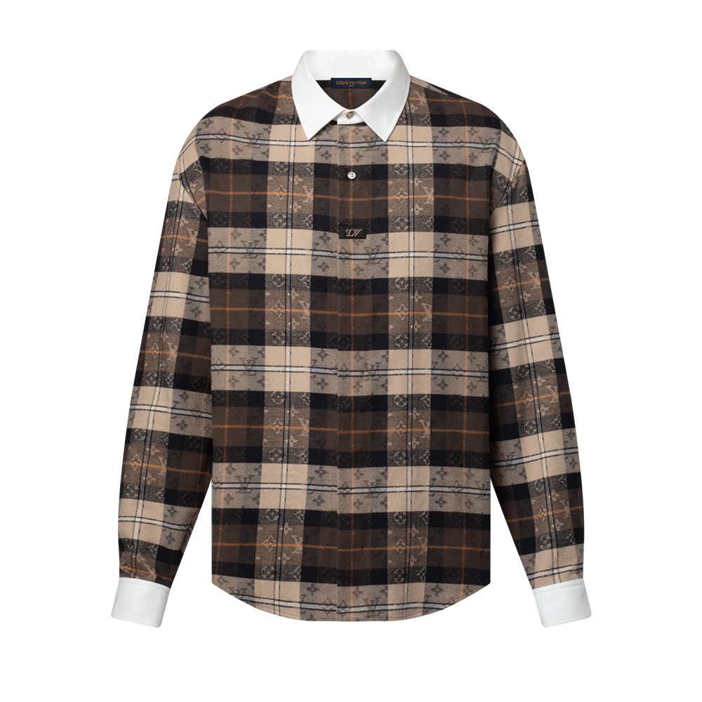 NIGO LOUIS VUITTON Men's Flannel Polo Shirt Monogram Check Jacquard Pearlescent Buttons LV Patch #nigo332283