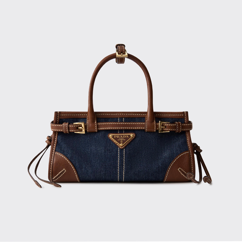 NIGO PRADA Women's Bonnie French Triangle Metal Logo Classic Versatile Mixed Materials Handbag Mini Women's Blue And Brown #nigo332335