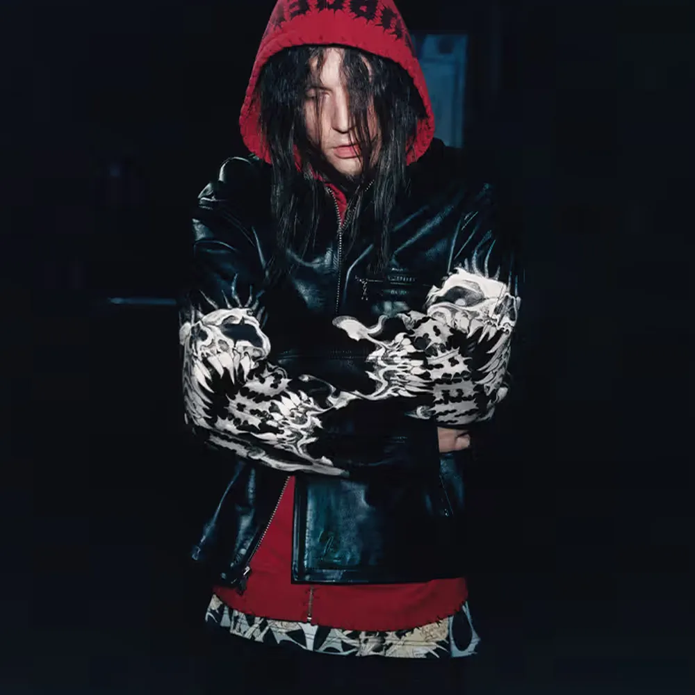 NIGO Supreme x Y's by Yohji Yamamoto Men's and Women's FW25 WEEK3 Leather Fitted Casual Jacket With Printed Sleeves And Zip Closure #nigo332325