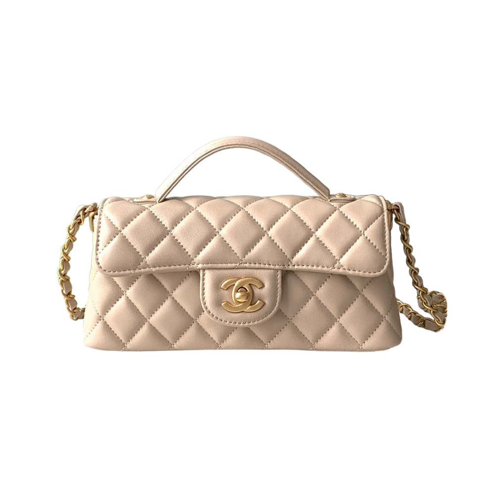 NIGO Chanel Women's Horizontal Trumpet Apricot Kelly Bag Lambskin Apricot Antique Gold Buckle Shoulder Crossbody Handbag #nigo332359