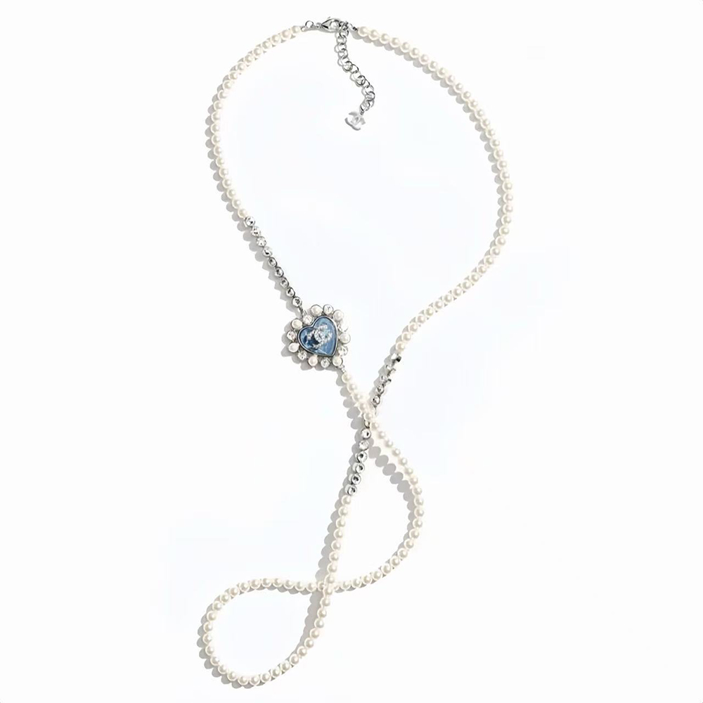 NIGO Chanel 25P New Blue Love Silver Full Diamond Double C Pearl Sweater Chain Advanced Resin #nigo317343