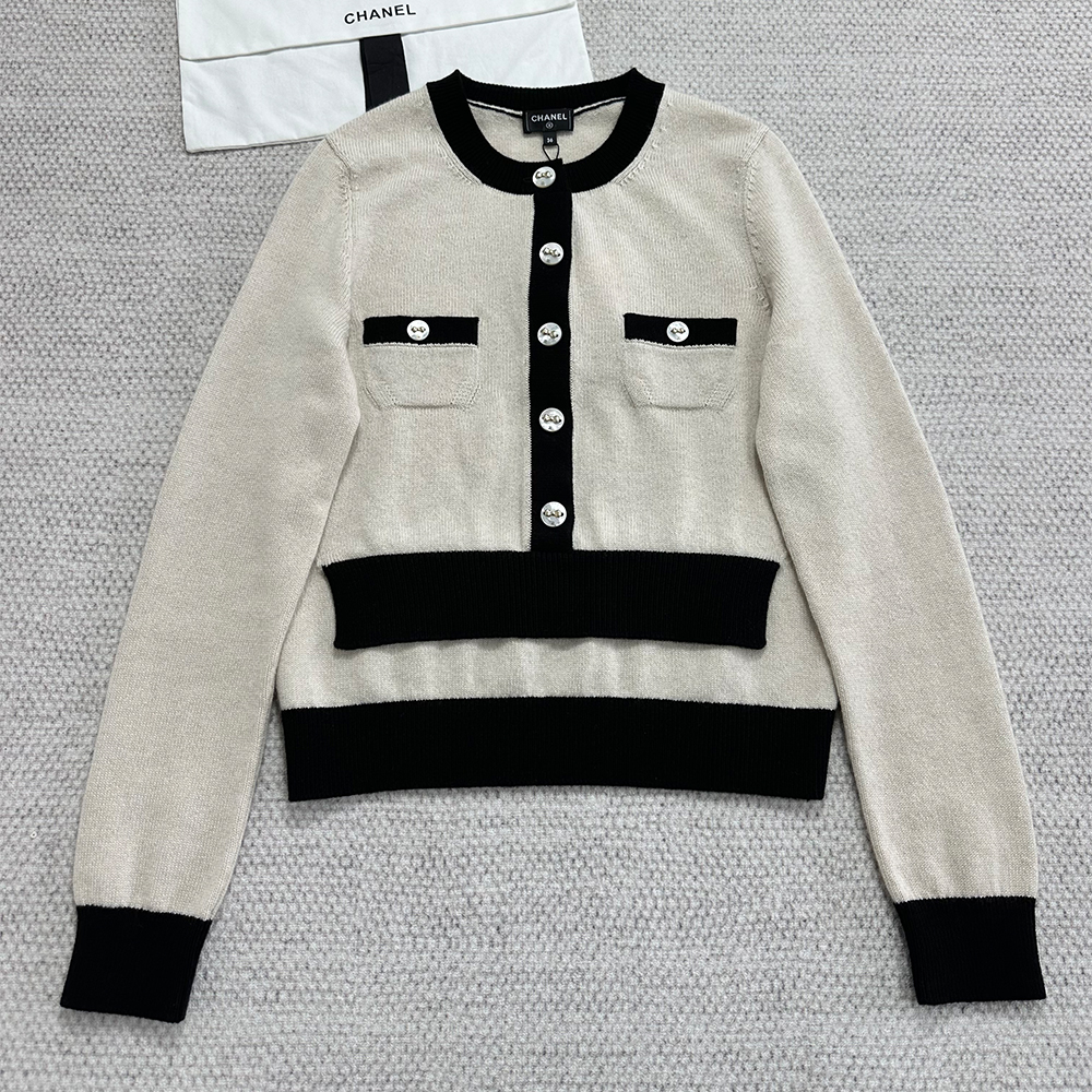 NIGO Chanel 25K Women's Little Fragrance Black and White Color Clash Button Bow Long Sleeve Knitted Cardigan #nigo332367
