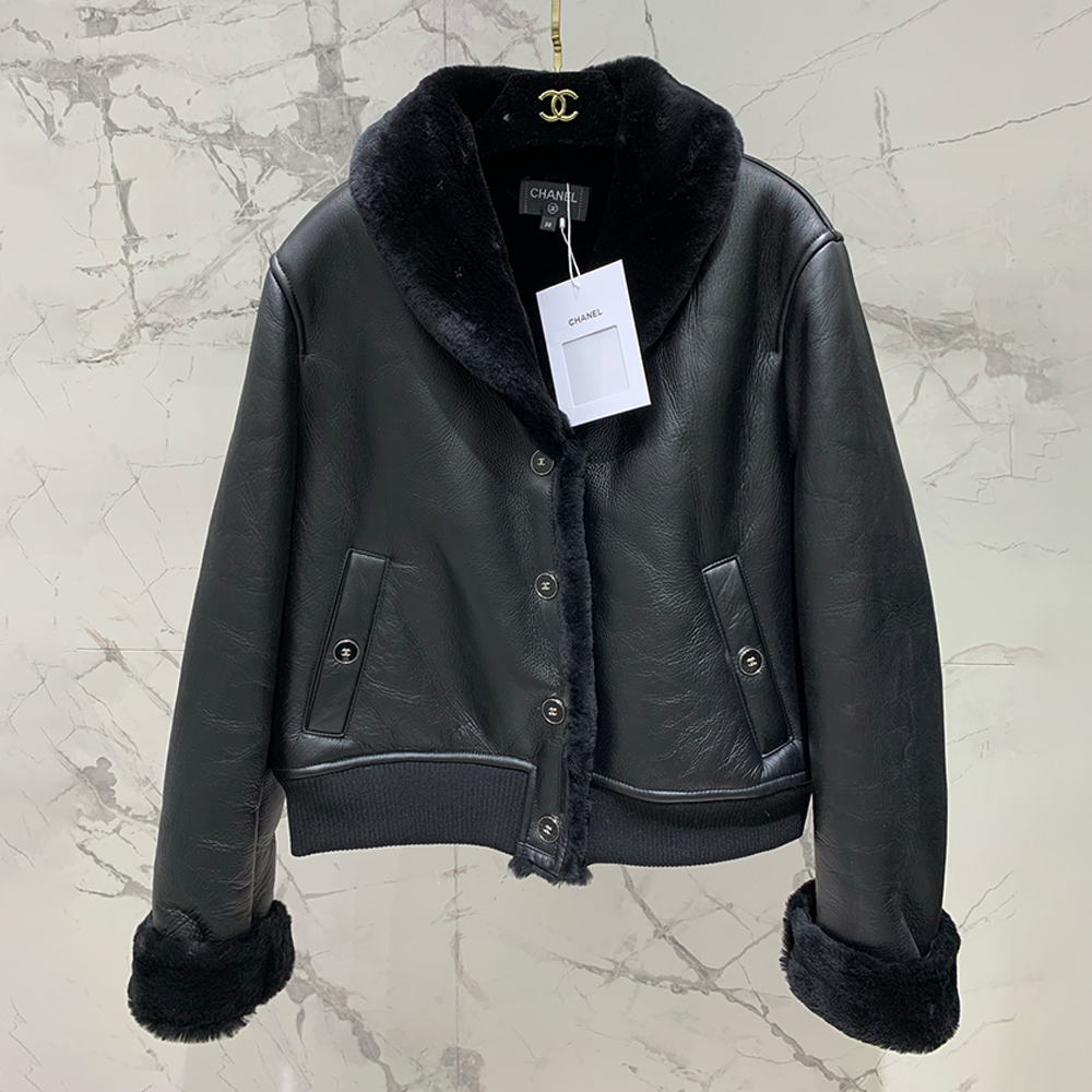 NIGO Chanel 25FW Tunic Jacket Reversible Shearling Black Merino Wool Women's Warm Retro Leather Jacket #nigo332447