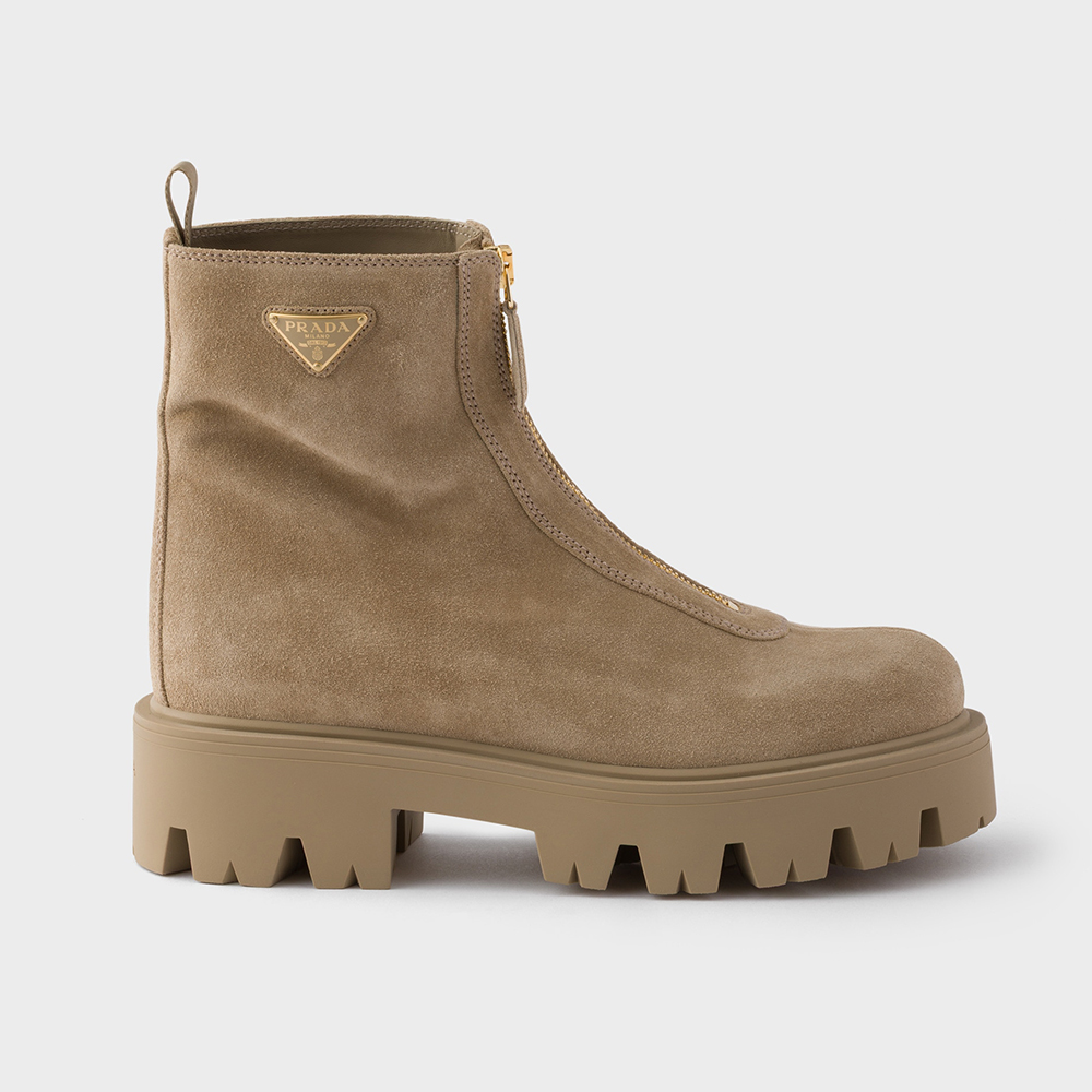 PRADA  Desert Yellow Suede Booties with Zip Classic Triangle Logo British Style Retro Short Boots Cow Suede #nigo330178