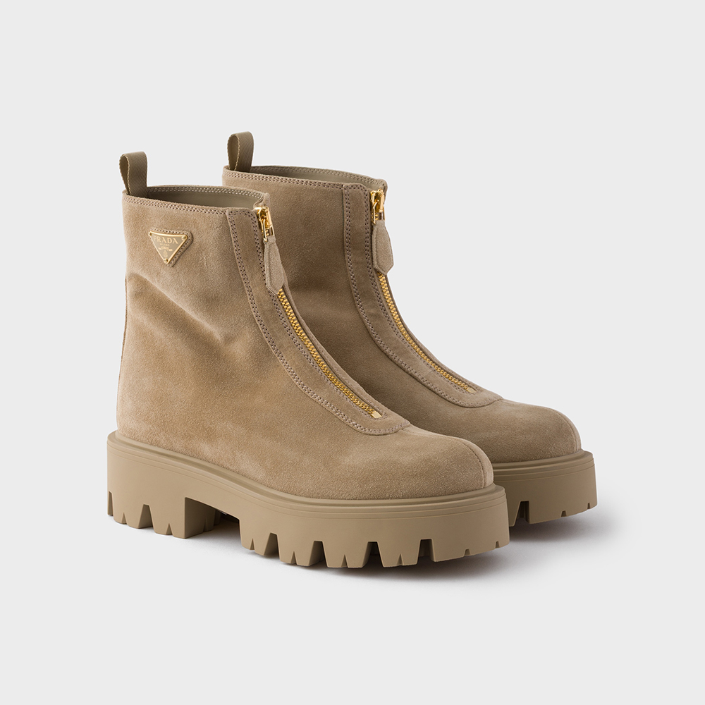 PRADA  Desert Yellow Suede Booties with Zip Classic Triangle Logo British Style Retro Short Boots Cow Suede #nigo330178