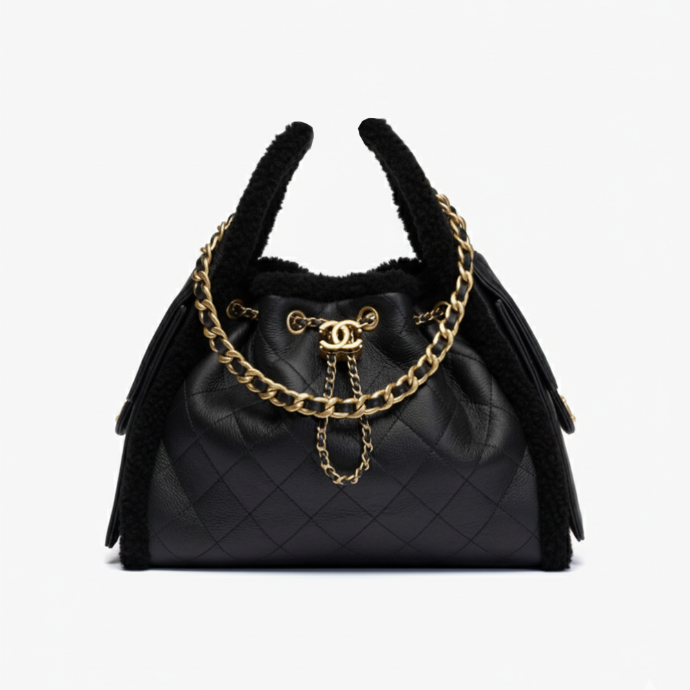 Chanel 25C Fall/Winter Catwalk Series Brand Logo Sheepskin Tote White Black Lattice Pattern Leather Through Chain Canvas Crossbody Shoulder Bag