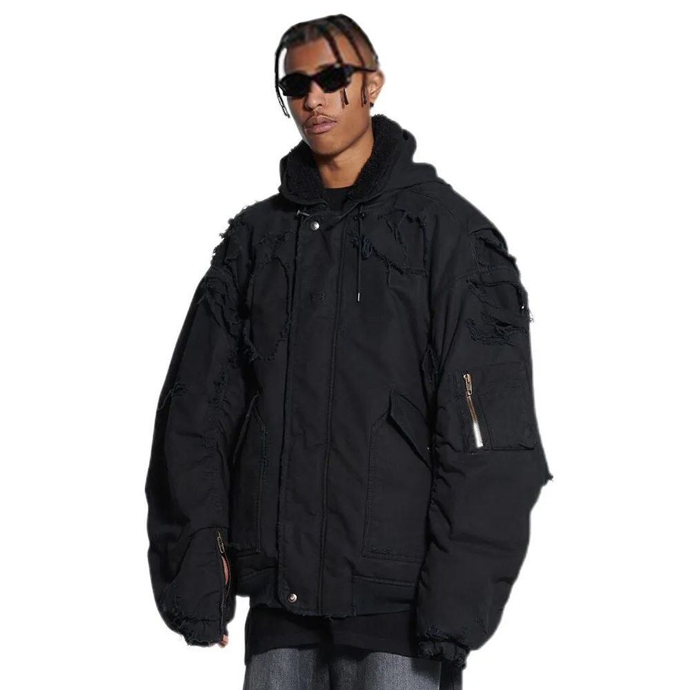 NIGO Balenciaga Men's Big Destruction Distressed Flight Suit Hooded Lamb collar zippered jacket #nigo332593