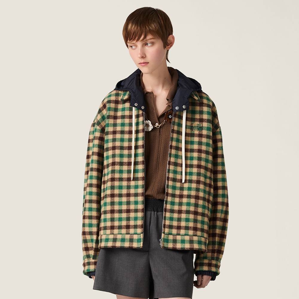 NIGO MiuMiu Women's Fall/Winter Lettering Eembroidered Logo Hood Zip Camel Green Navy Check and Technical Jacket #nigo332611