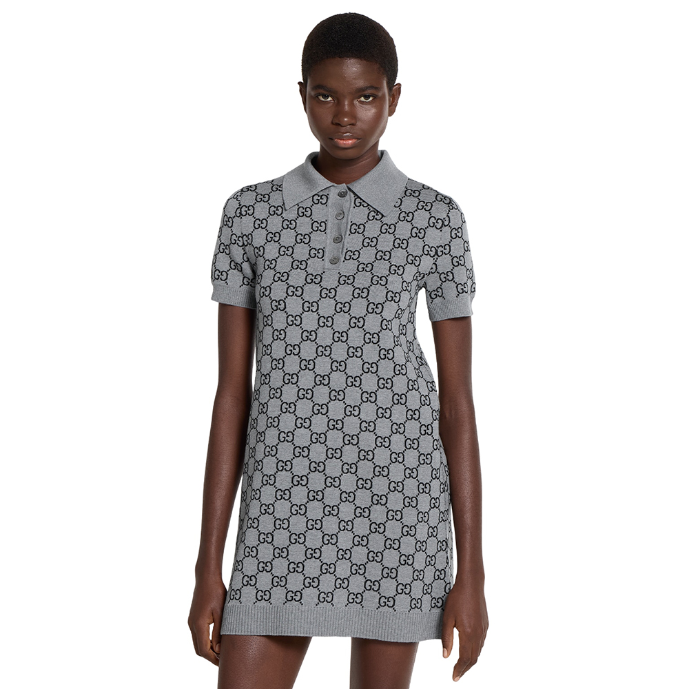 NIGO Gucci Women's Fall/Winter Classic Gray and Black GG Wool Jacquard Polo Short Sleeves Dress #nigo332532